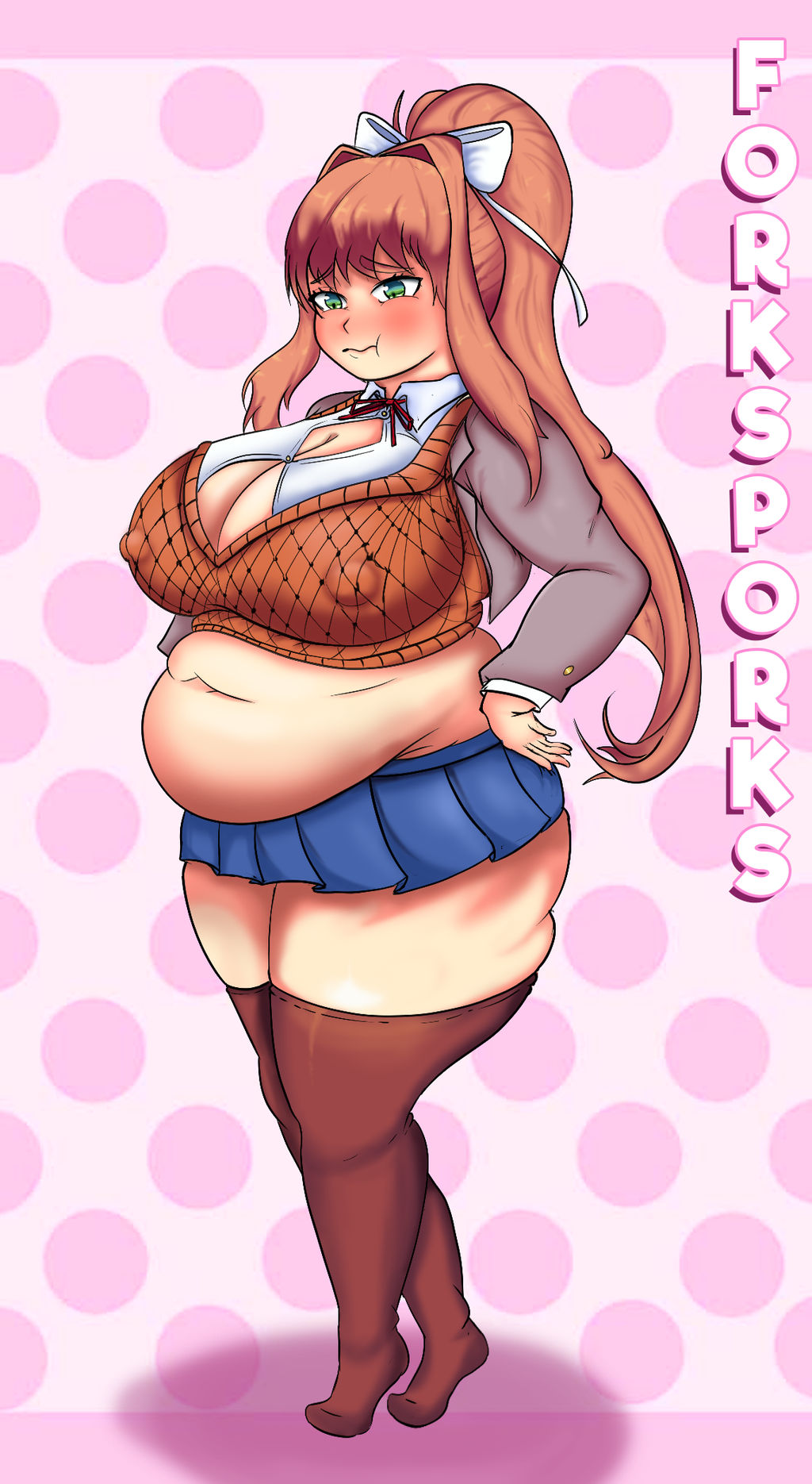 1girls, bbw, belly, big belly, big breasts, breasts, chubby, clothing, doki doki literature club, fat, female, female only, forksporks, green eyes, huge breasts, light skin, light-skinned female, long hair, monika (doki doki literature club), overweight, solo, solo female, standing, thick, thick thighs