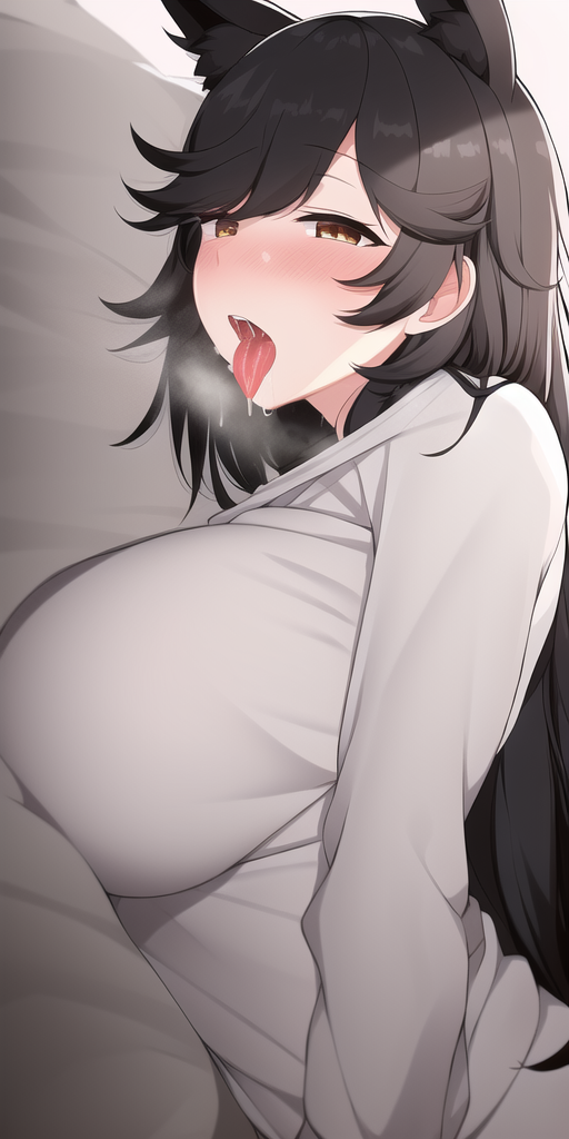 1girls ai_generated amber_eyes animal_ears atago_(azur_lane) azur_lane bed black_hair dog_ears drooling female female_only grey_sweater horny_female humanoid laying_down laying_on_bed laying_on_stomach lipless long_hair panting solo sweater tongue tongue_out toony