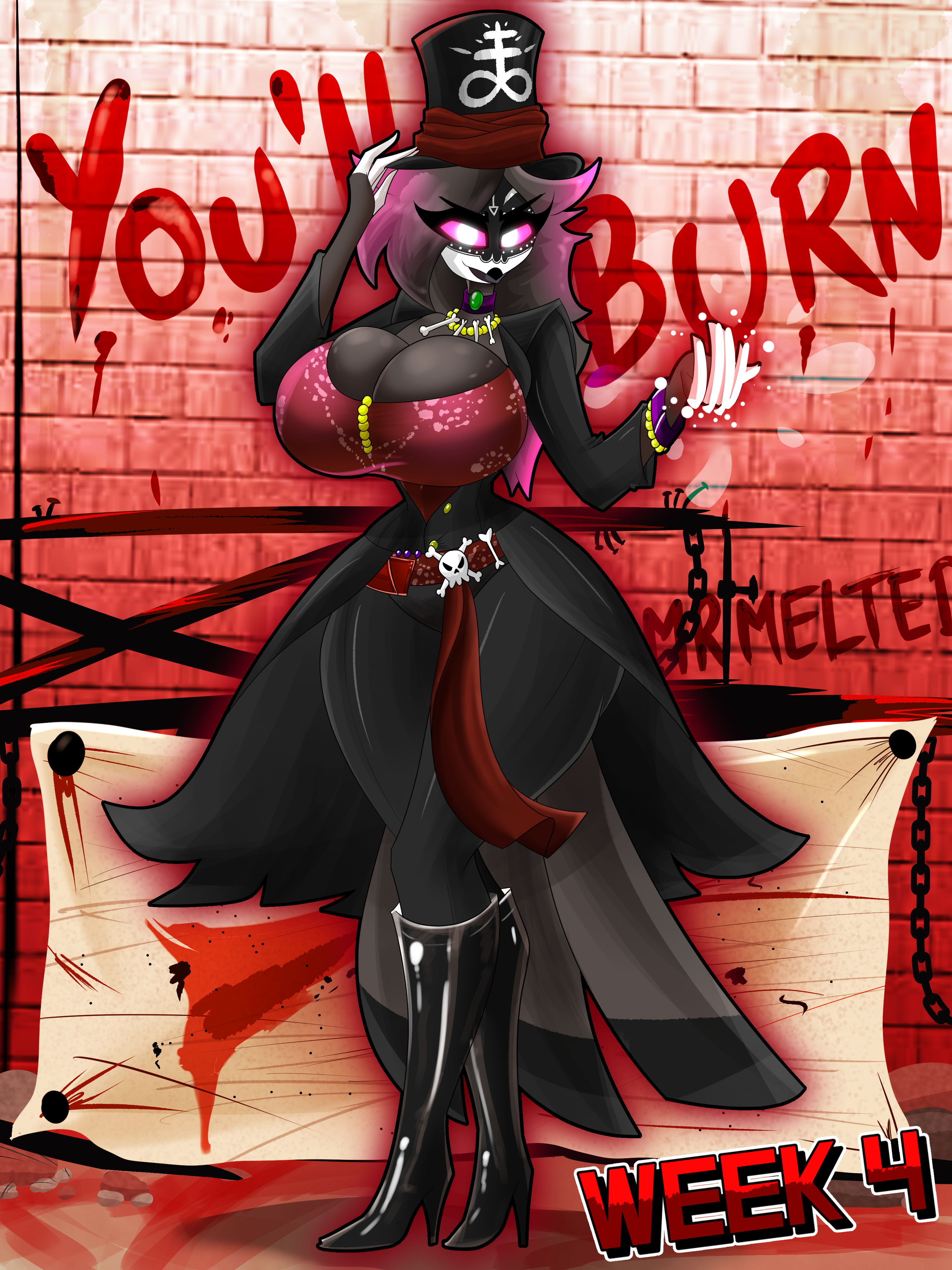1girls, anthro, avian, big breasts, breasts, cleavage, clothing, female, female only, hat, heel boots, helluva boss, huge breasts, large breasts, looking at viewer, magic, makeup, mrmelted, octavia (helluva boss), owl, solo, suit, thick thighs, voodoo, wide hips
