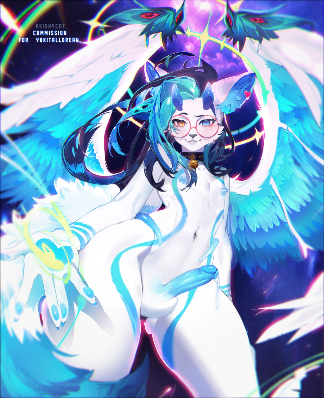 akishycat anthro balls bell big_ears blue_body blue_fur blue_hair collar erect_nipples erection eyewear fluffy fluffy_tail fur genitals glasses hair heterochromia hi_res horn male markings nipples raised_wings solo tail white_body white_fur wings