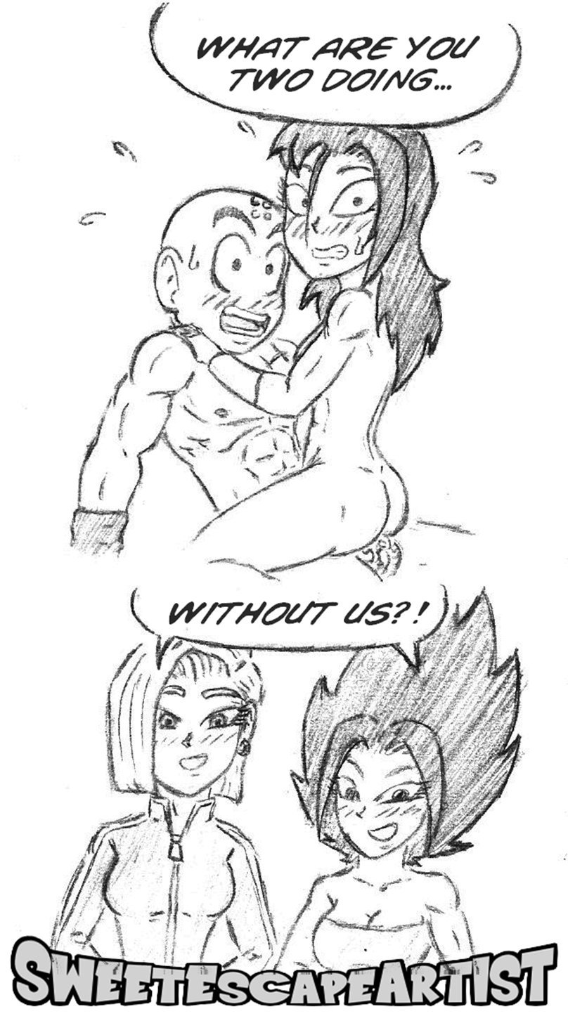 1boy 3girls android_18 caulifla dragon_ball dragon_ball_super english_text female kale krillin kuririn legendary_super_saiyan male monochrome multiple_girls nude_female nude_male sex sweetescapeartist text universe_6 universe_6_girls universe_6_saiyan/universe_7_human