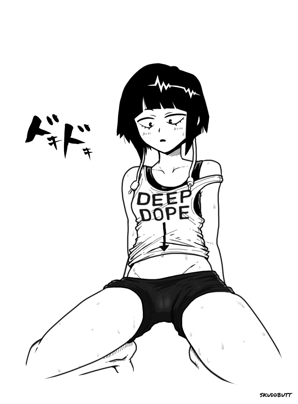 black and white, boku no hero academia, cameltoe, female, jirou kyouka, kyoka jiro, my hero academia, panties, pussy, skuddbutt, solo, sweating