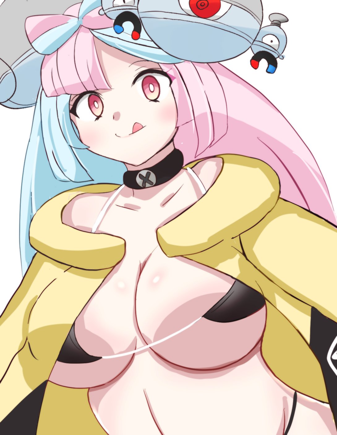 1girls, bikini, breasts, cleavage, female, game freak, iono (pokemon), jacket, jacket open, large breasts, long hair, looking at viewer, multicolored hair, nanjamo (pokemon), navel, nintendo, open jacket, pokemon, pokemon sv, retori tori, simple background, solo, solo female, solo focus, tongue, tongue out, two-tone hair, white background