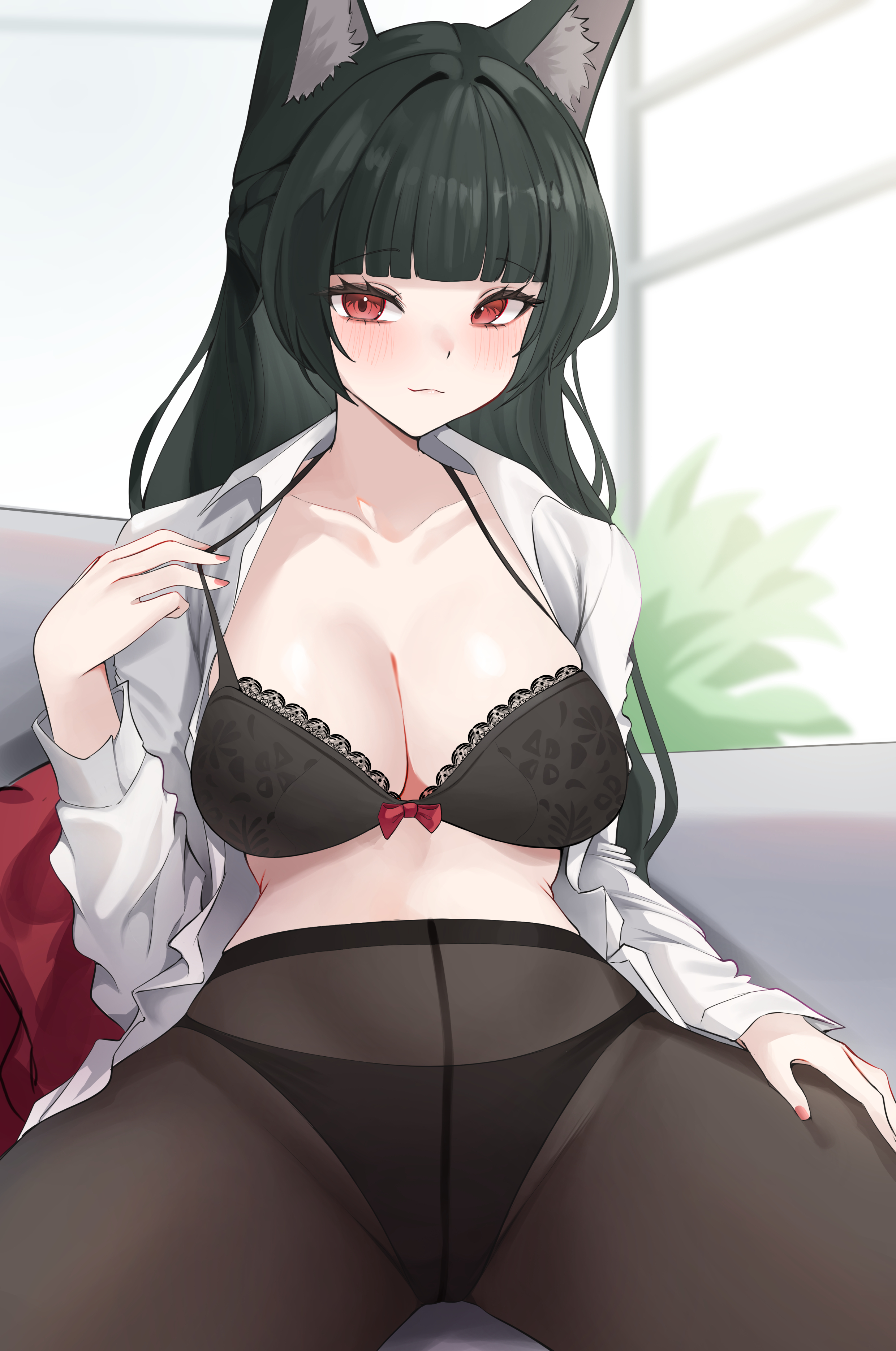 absurdres, animal ears, black bra, black panties, black pantyhose, blush, bra, breasts, commentary, commission, female, female only, fox ears, fox girl, highres, hoshimi miyabi, indoors, large breasts, looking at viewer, open clothes, open shirt, panties, panties under pantyhose, pantyhose, pynkmouth, red eyes, shirt, sitting, underwear, white shirt, zenless zone zero