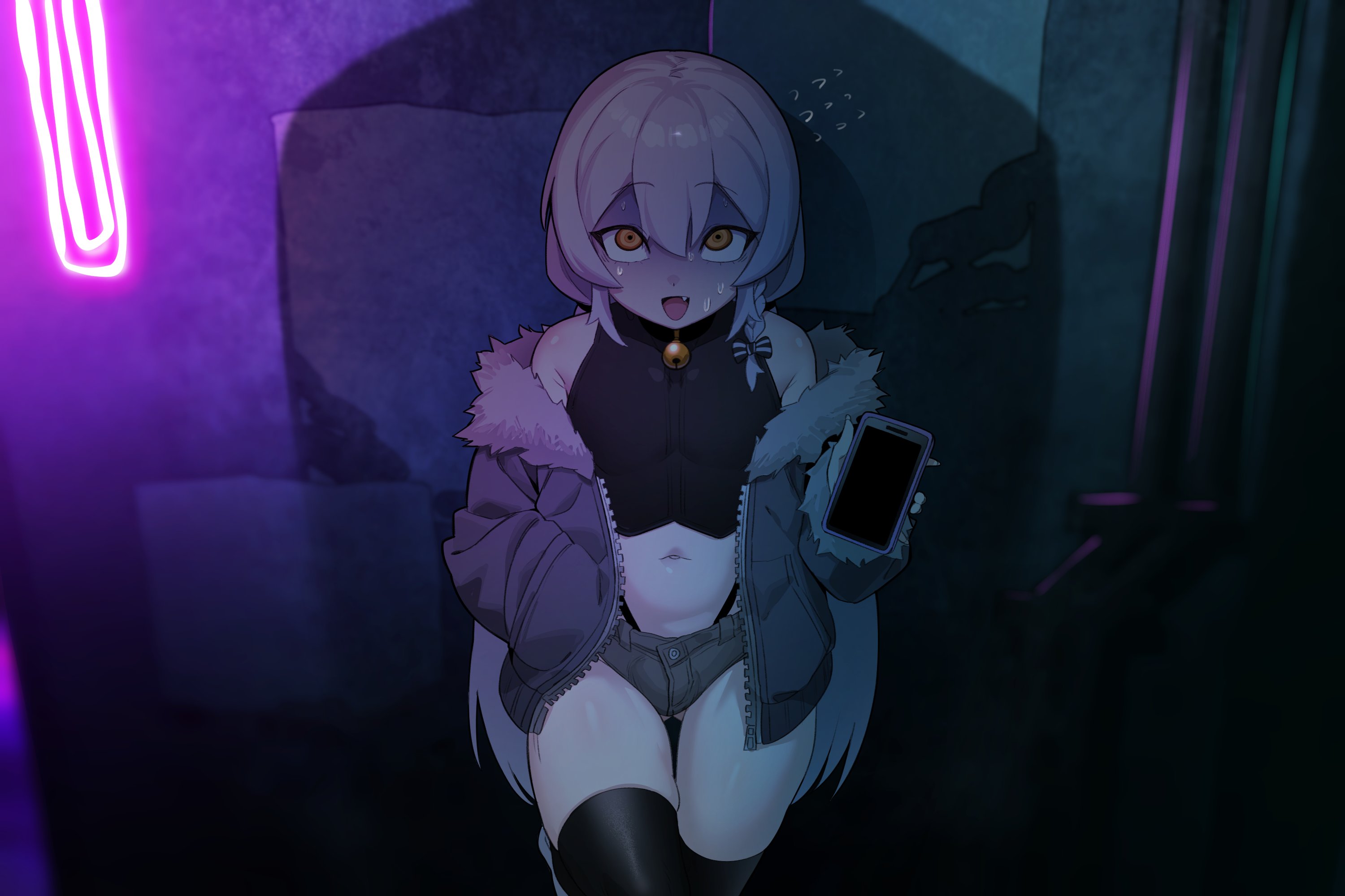 1boy, 2boys, ain (in), crossdressing, femboy, male, male pov, otoko no ko, prostitution, shorts, smartphone, telephone, thighhighs, tongkkangi, tongkkangi (streamer), trap, unseen male face, virtual youtuber