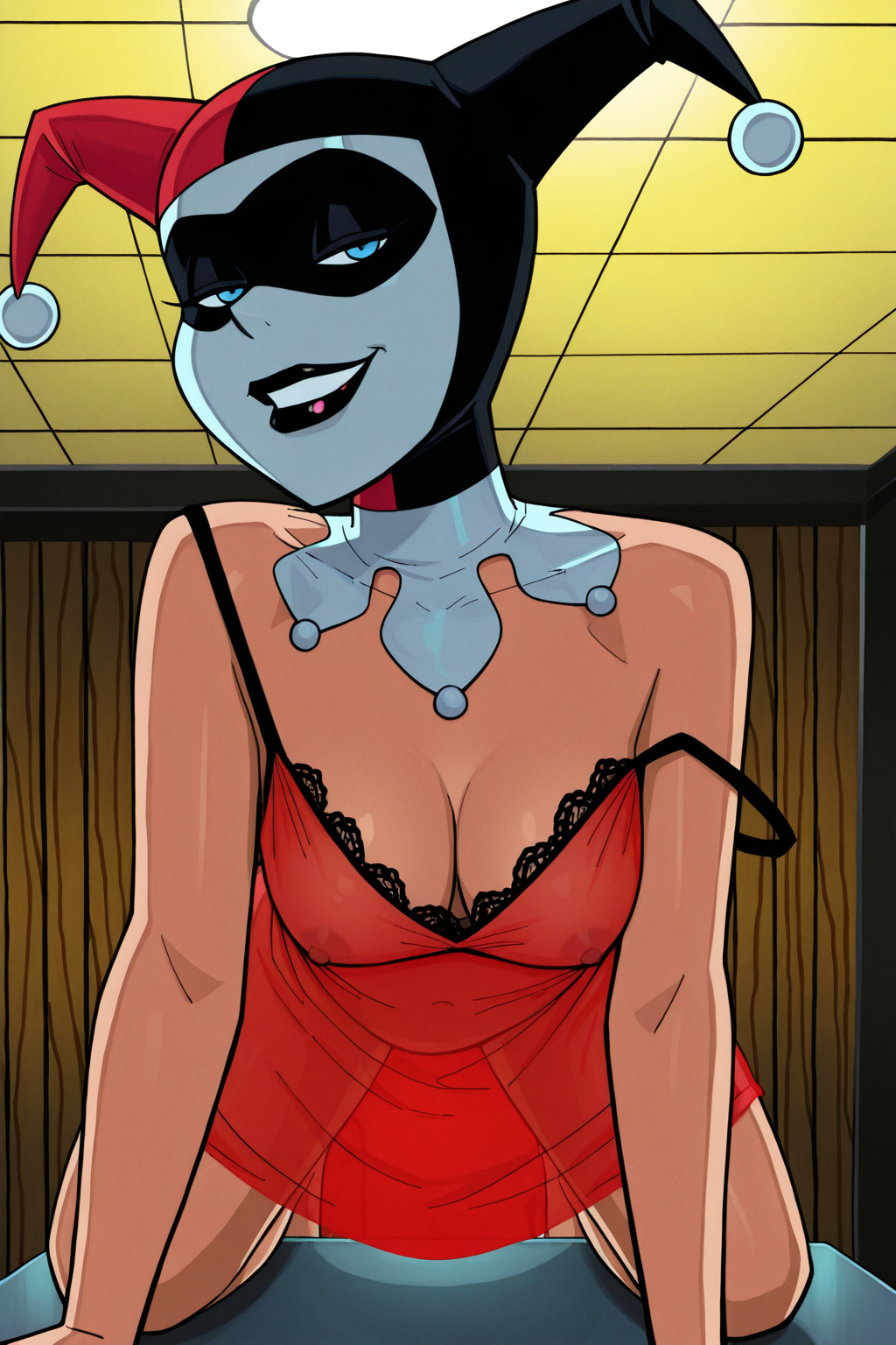ai generated, batman (series), batman: mad love, batman: the animated series, breasts, clown, clown girl, crazy female, dc, dc comics, dcau, female, grin, groin, harleen quinzel, harley quinn, harley quinn (classic), jester, jester cap, jester hat, legs, mask, nightgown, nightie, nipples, no bra, no panties, no underwear, pov, red nightgown, seducing, smile, the new batman adventures, warner bros, warner bros. animation, warner brothers, young, young female