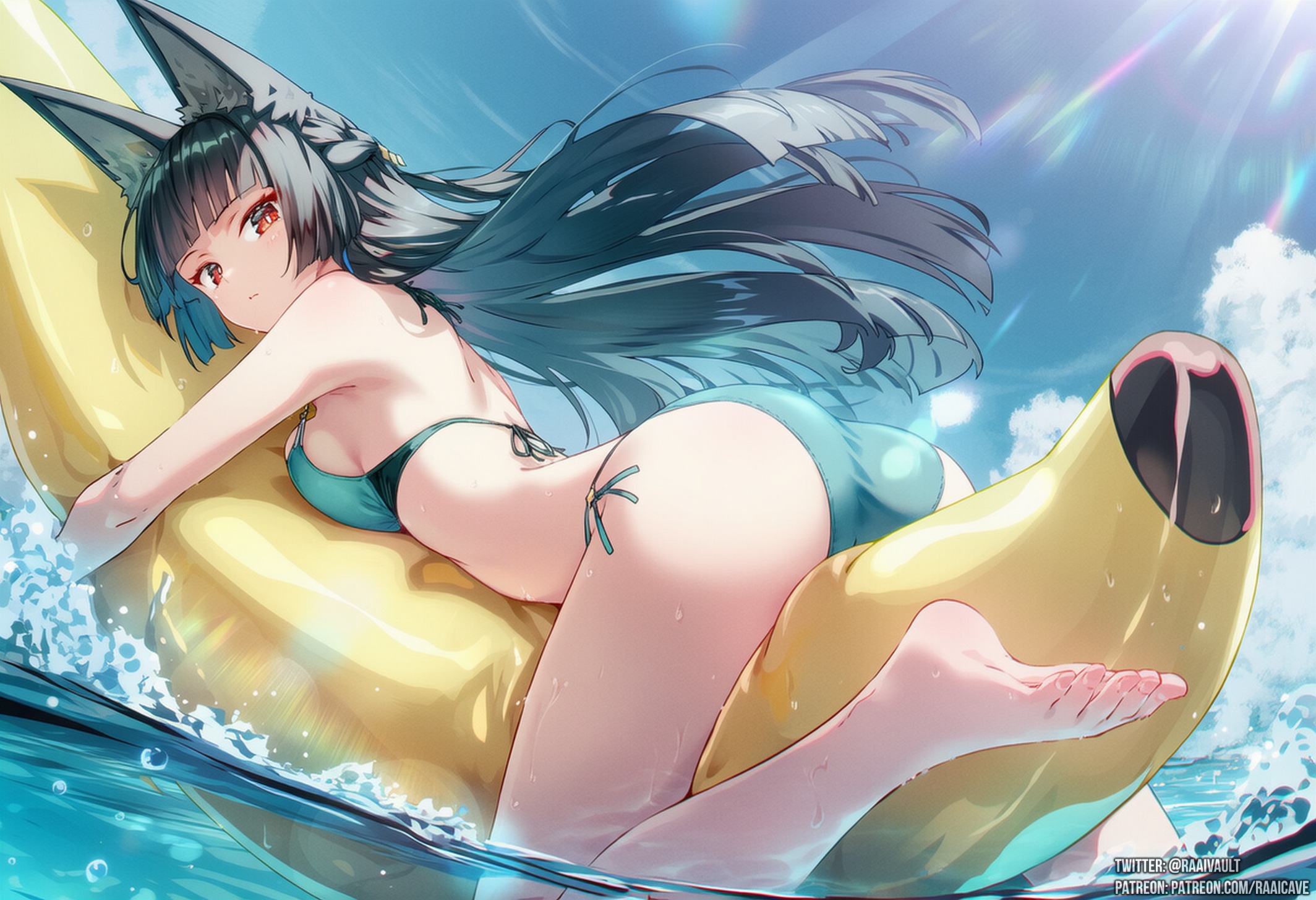 1girls, ai generated, ass, ass focus, back view, bikini, bikini bottom, bikini top, black hair, curvy body, curvy female, curvy figure, female, female focus, floatie, hoshimi miyabi, laying on stomach, raaicave, wolf ears, zenless zone zero