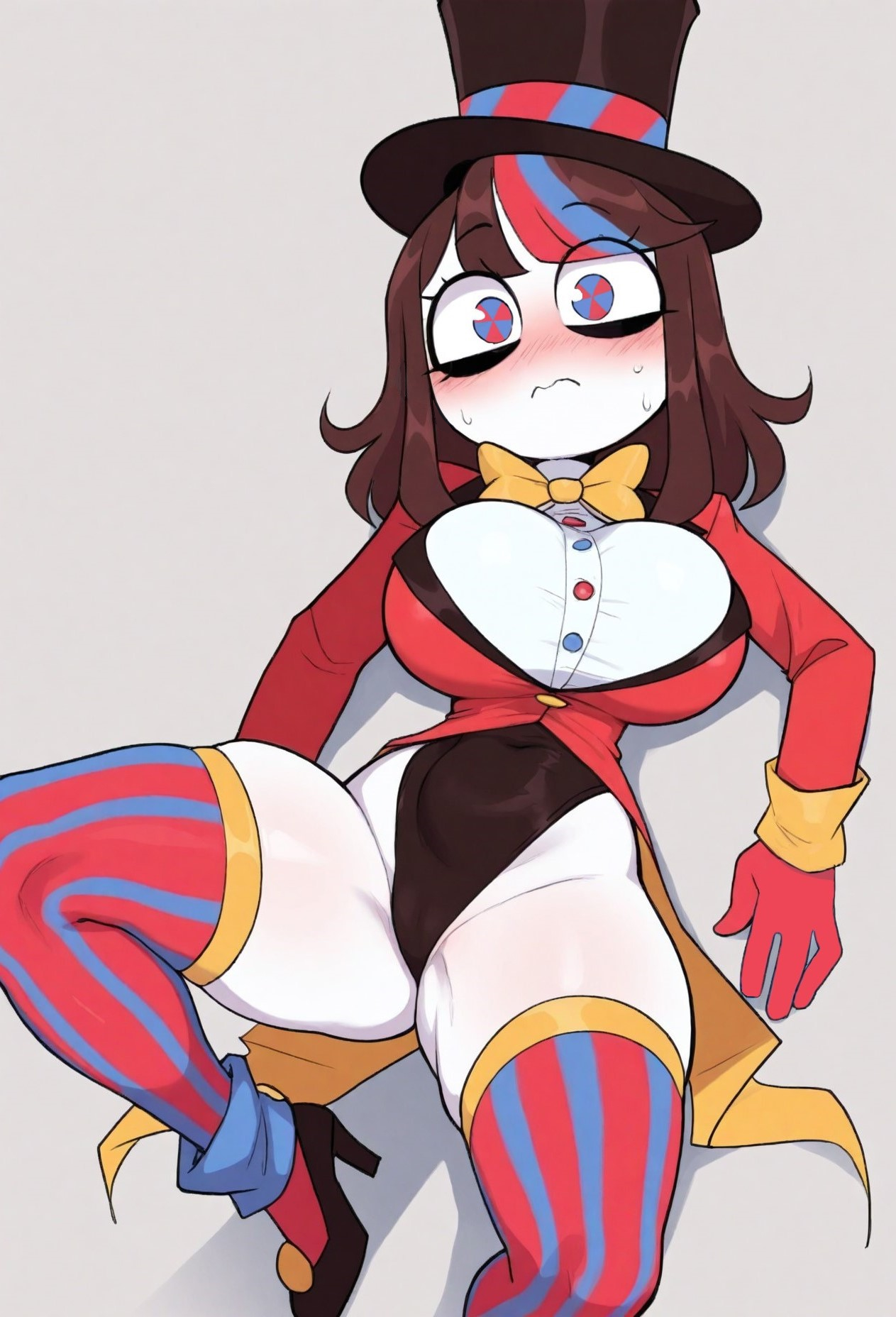 ai generated, big breasts, blush, brown hair, cameltoe, civitai, exposed legs, eyebrows visible through hair, female, gloves, high heels, leotard, pomni (the amazing digital circus), solo, streaked hair, striped legwear, sweat, the amazing digital circus, the amazing digital circus replacement code, thick thighs, thighhighs, top hat, vertical-striped legwear, yellow bow