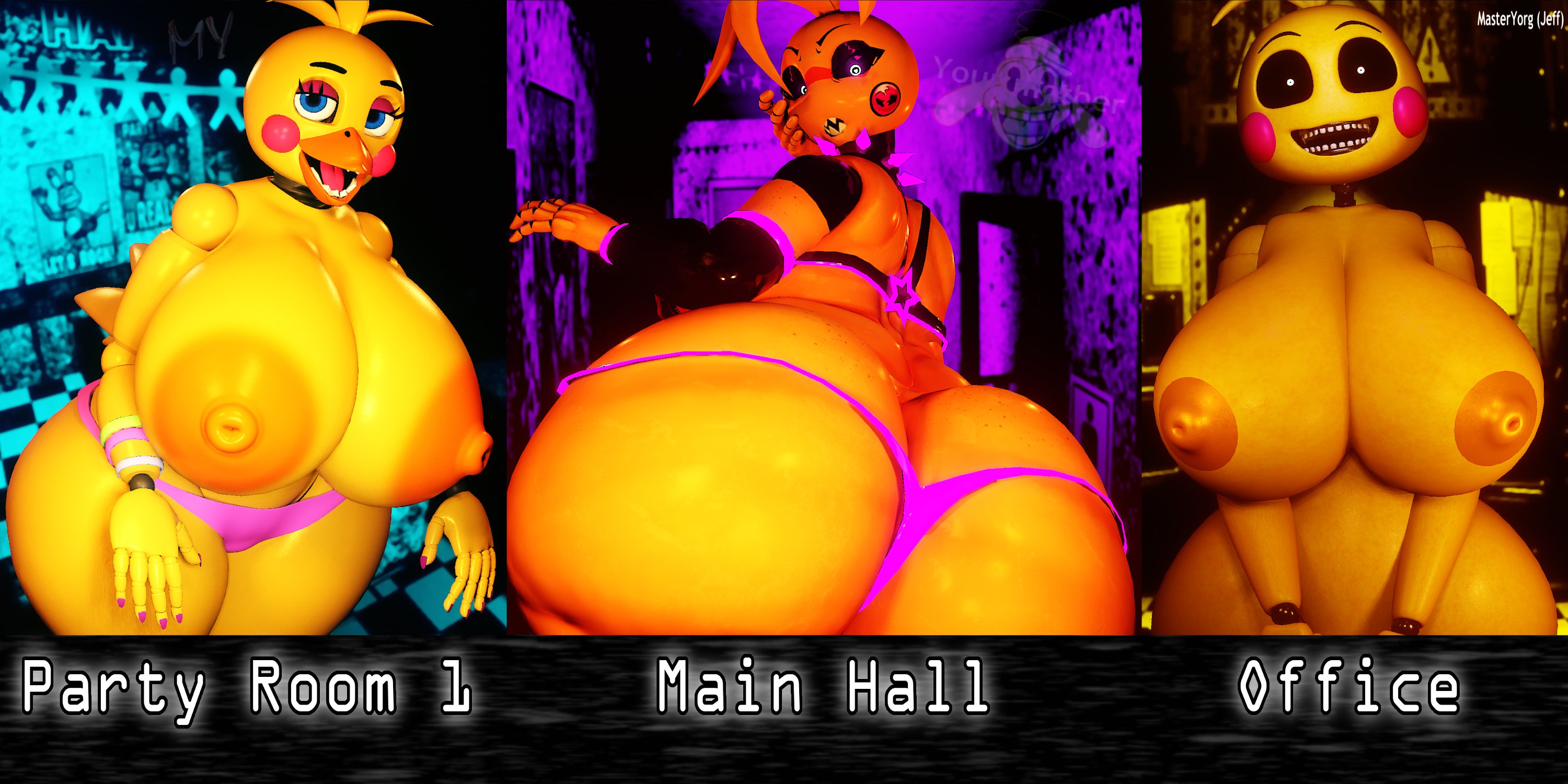 3d, ass, beak, big breasts, breasts, different angle, different poses, female, female only, five nights at freddy's, five nights at freddy's 2, masteryorg0, toy chica (fnaf), toy chica (justminkov)