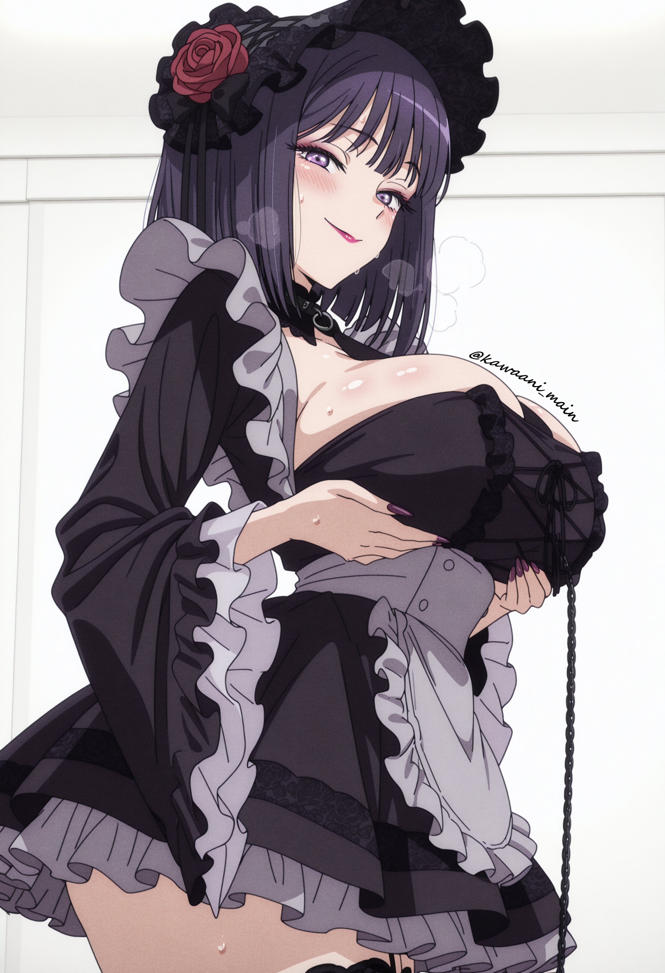 1girls, ai generated, apron, bangs, big breasts, blush, breasts, cleavage, dress, eyebrows visible through hair, flower, frills, kawaani main, kitagawa marin, kuroe shizuku, long sleeves, looking at viewer, maid, nail polish, smile, solo, sono bisque doll wa koi wo suru, striped, sweat, waist apron