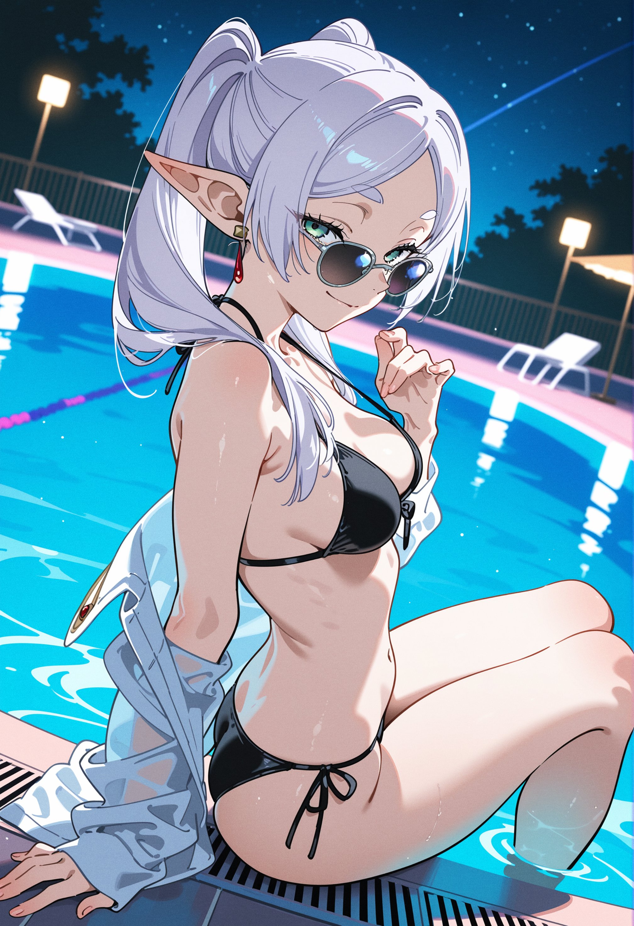 1girls, ai generated, ass, bare shoulders, bikini, black bikini, breasts, cleavage, earrings, female, frieren, halterneck, jewelry, kawaani main, long hair, looking at viewer, looking over eyewear, looking over sunglasses, navel, night, off shoulder, open clothes, outdoors, pointy ears, pool, poolside, shirt, side-tie bikini, silver hair, sitting, sky, smile, solo, sousou no frieren, star (sky), starry sky, string bikini, sunglasses, swimsuit, tinted eyewear, water, wet