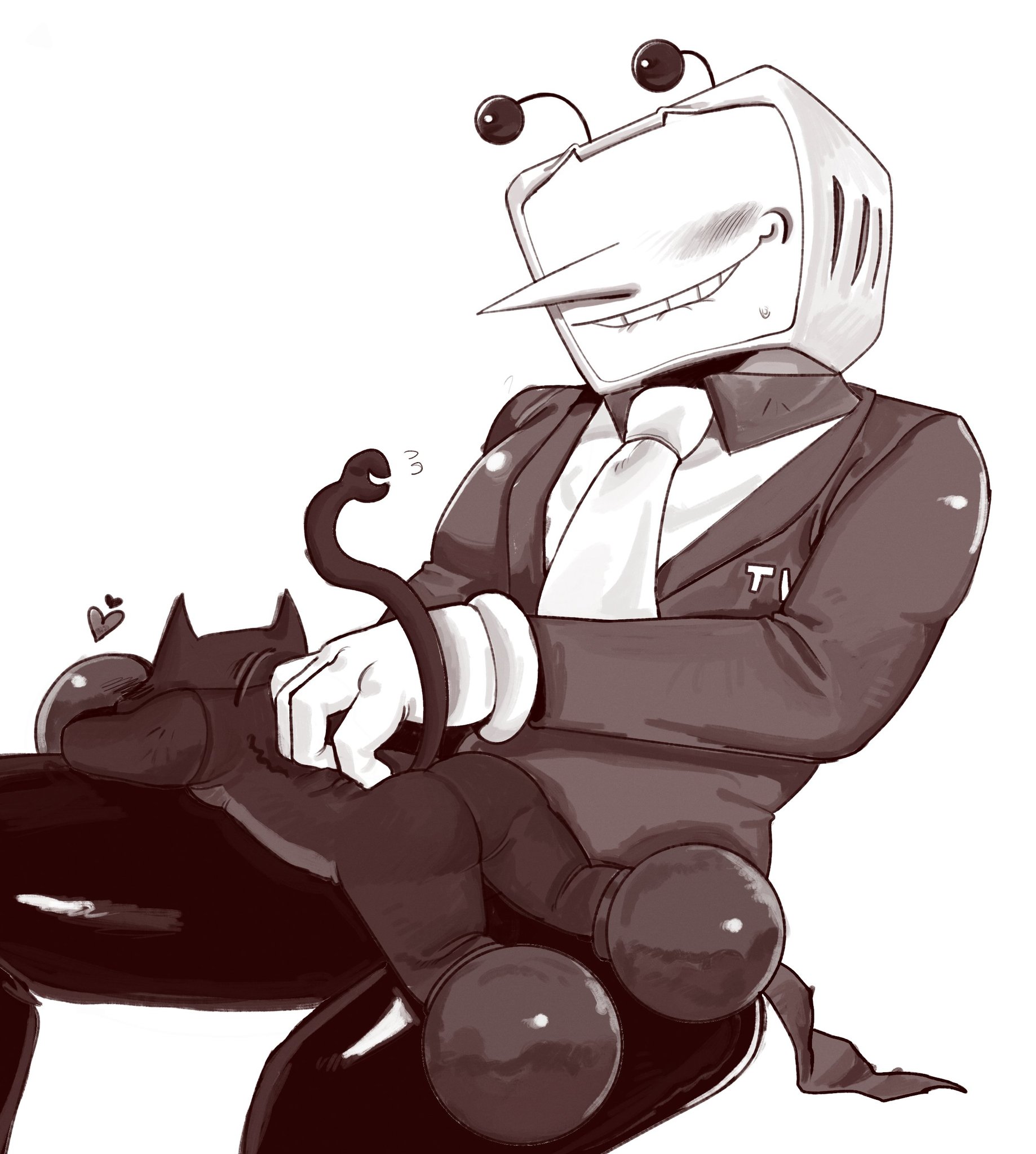 ass, ass focus, cat humanoid, cat mike (deltarune), catboy, clothed, deltarune, gay, male, mike (deltarune), monochrome, only male, pluey (deltarune), size difference, tagme, tenna (deltarune), yaoi