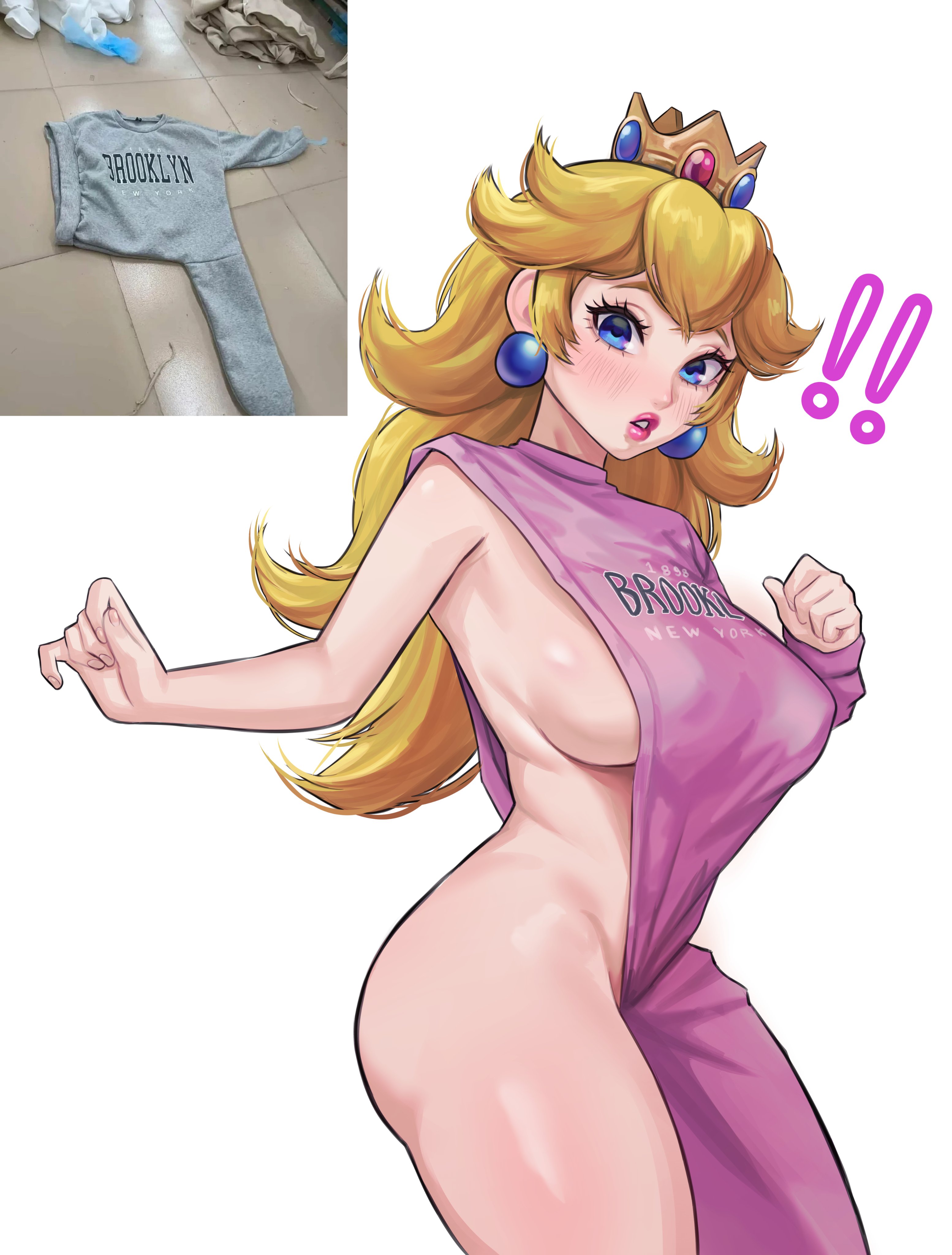 1girls, breasts, brooklyn sweater, english text, female, female focus, female only, large breasts, lewdybug, light skin, light-skinned female, mario (series), princess peach, solo, text, thick thighs, thighs, wide hips