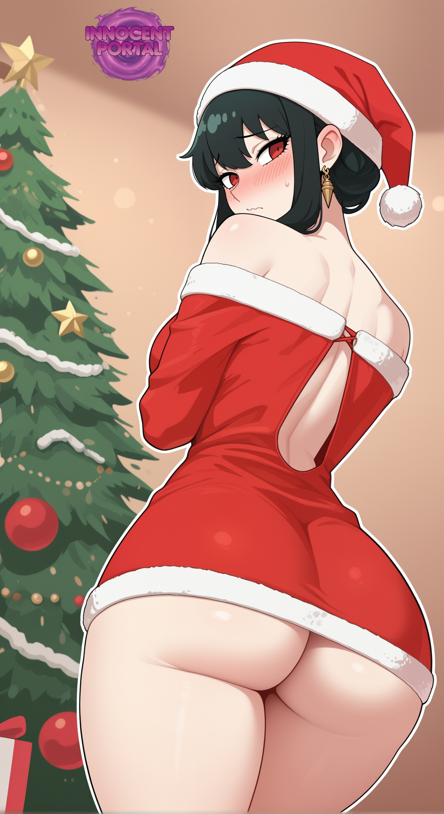 ai generated, ass, ass cheeks, back, back view, big breasts, blush, blush lines, blushing at viewer, breasts, cheecks, christmas clothing, christmas hat, christmas headwear, christmas outfit, christmas tree, dark hair, dress, earrings, female, female focus, female only, jorgecarlosai, legs, looking back, mature, mature female, mature woman, milf, mommy, mommy kink, open back, open back dress, rear, rear view, red dress, red eyes, santa costume, santa hat, short dress, shy, shy expression, shy female, spy x family, standing, thighs, watermark, yor briar, yor forger