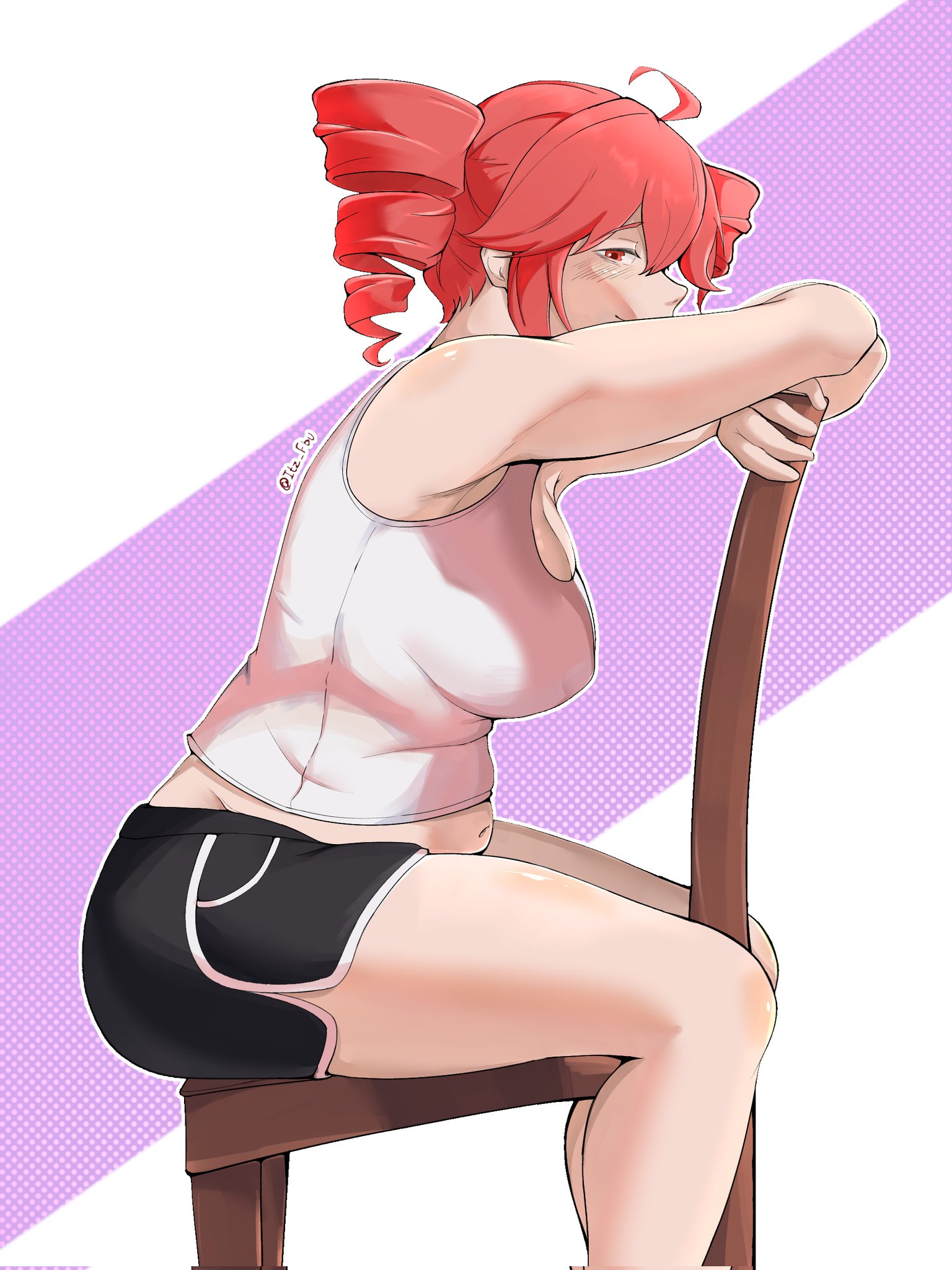 1girls, 2d, 2d (artwork), ahoge, artist name, artist signature, ass, belly, big ass, big breasts, big thighs, breasts, chair, chubby, chubby female, clothed, clothed female, clothing, curvaceous, curvy, curvy female, curvy figure, dolphin shorts, exposed belly, female, female only, fully clothed, gym shorts, huge breasts, itzfbu, kasane teto, large ass, large breasts, large thighs, looking at viewer, looking to the side, navel, no bra, red eyes, red hair, sfw, shiny skin, shirt, shorts, side view, simple background, sitting, sitting on chair, smile, solo, solo female, tank top, thick thighs, thighs, twin drills, utau