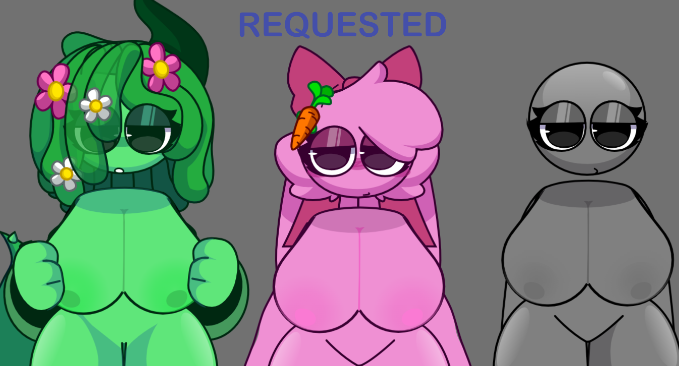 boobs, boobs out, bunny ears, carrot hair ornament, flowers in hair, gray background, gray eyes, gray skin, green eyes, green hair, green horn, green tail, holding breasts, hooded eyes, looking at viewer, looking down, looking up, no clothes, pink body, pink hair, pinki (sprunki), polo (incredibox), polo (sprunki), request, sprunki, vineria (sprunki)