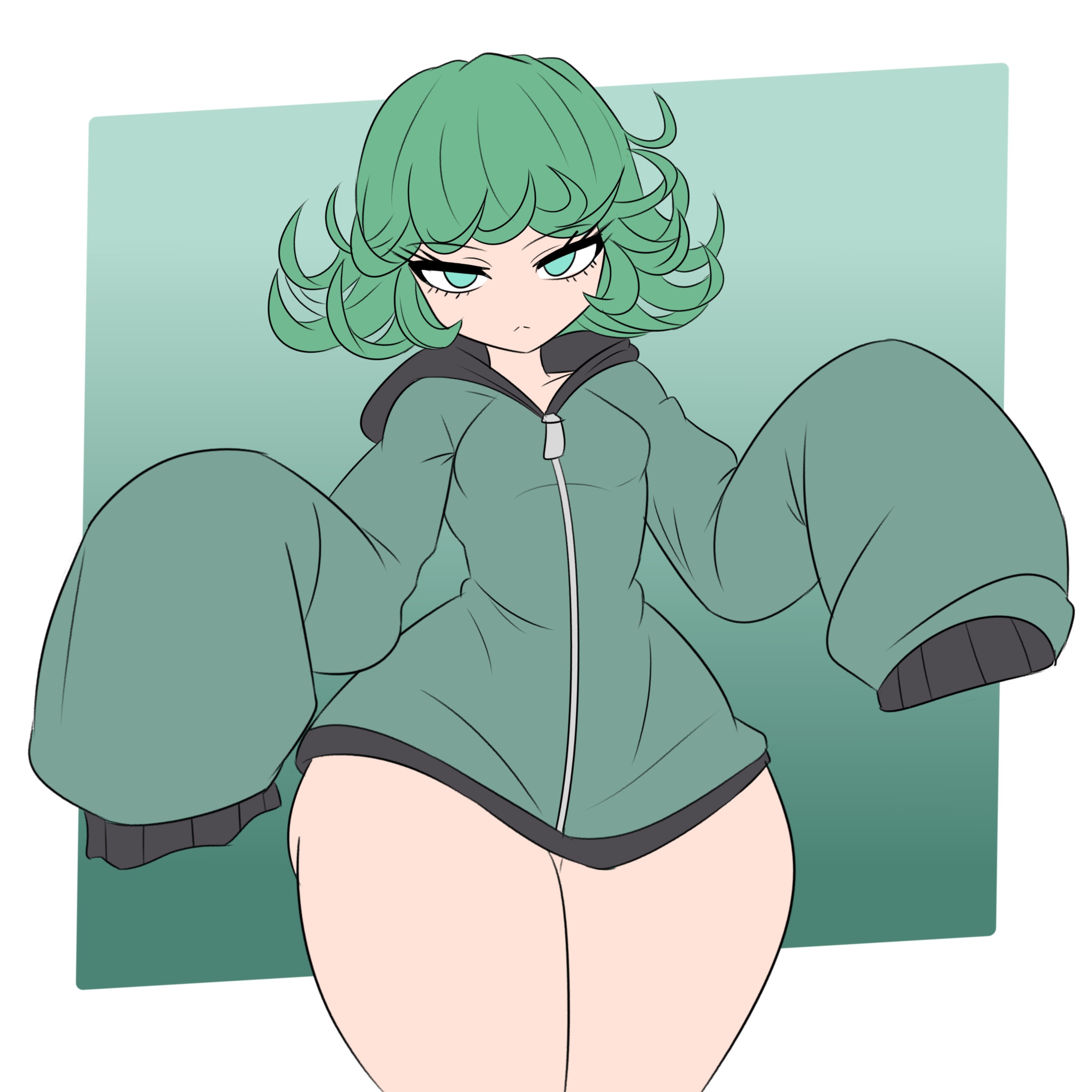 1girls, breasts, female, female focus, female only, green eyes, green hair, light skin, light-skinned female, looking at viewer, one-punch man, shadst3r, small breasts, solo, sweater, tatsumaki, thick thighs, thighs, wide hips