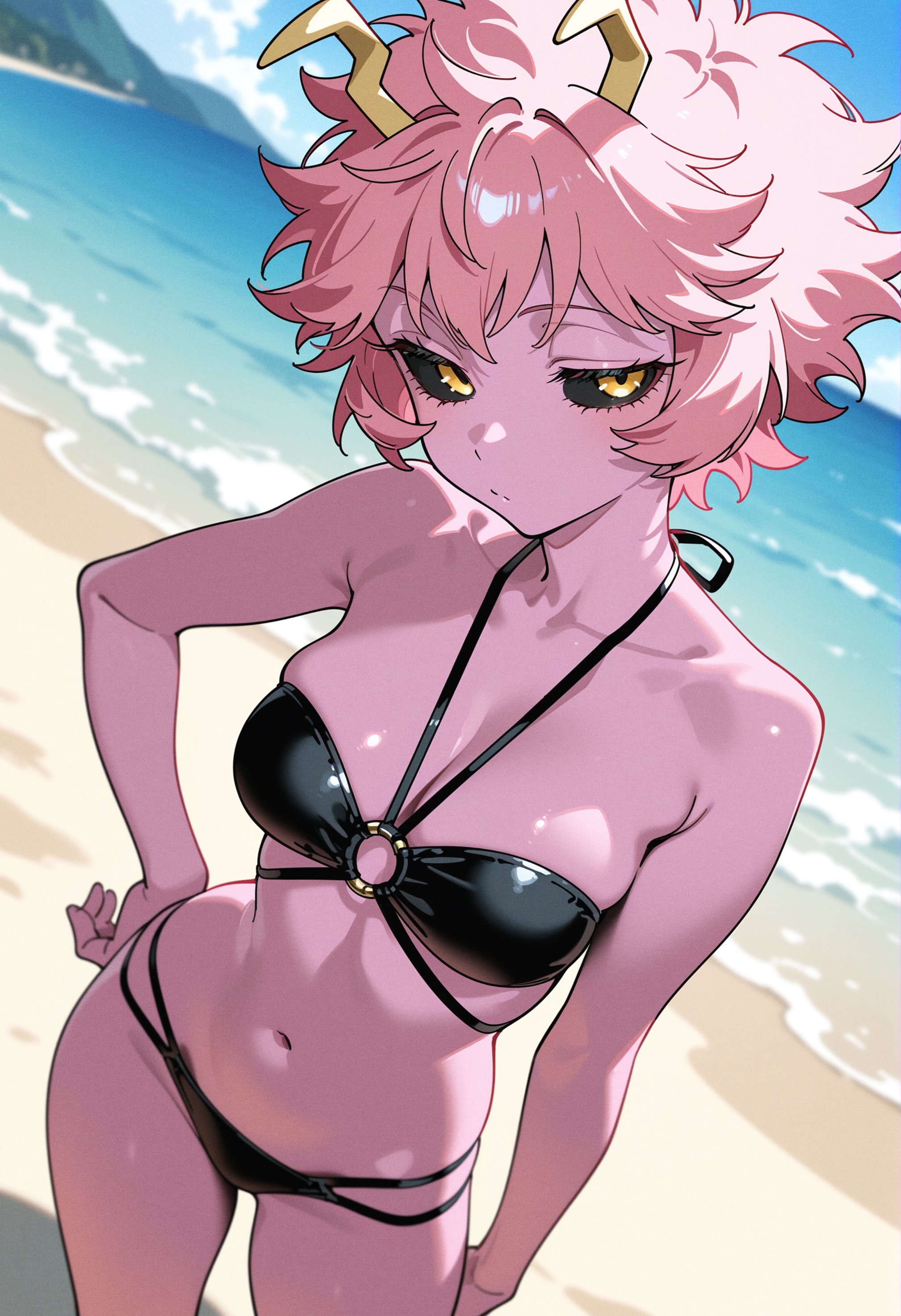 1girls, ai generated, bangs, bare shoulders, beach, bikini, black bikini, black sclera, boku no hero academia, breasts, collarbone, day, female, hand on hip, horns, kawaani main, looking at viewer, messy hair, mina ashido, my hero academia, navel, ocean, outdoors, pink hair, pink skin, pink-haired female, sand, short hair, solo, swimsuit, water, yellow eyes