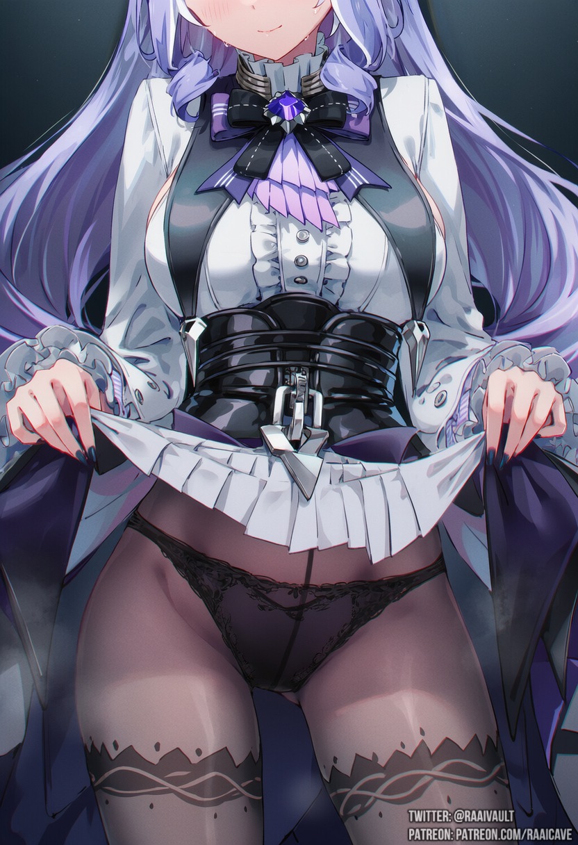 1girls, ai generated, ass visible through thighs, black legwear, black panties, blush, bow, bowtie, breasts, brooch, closed mouth, hair ornament, head out of frame, jewelry, lace, large breasts, lifted by self, long hair, long sleeves, nail polish, panties, purple nails, raaicave, skirt, skirt lift, smile, solo, thighhighs, underwear, vivian (zenless zone zero), vivian banshee, zenless zone zero