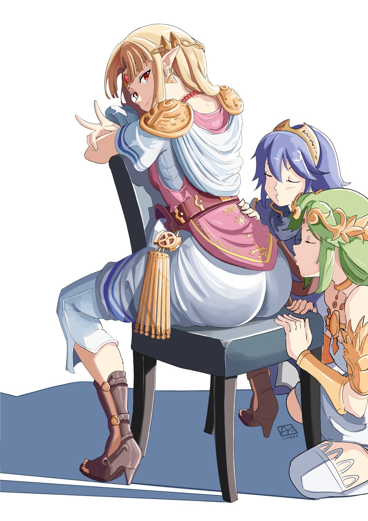 3girls, a link between worlds, ass worship, autolewd, automatic giraffe, big ass, blonde hair, brown eyes, chair, closed eyes, company connection, crossover, dress, earrings, female, fire emblem awakening, high heel sandals, high heels, jewelry, kid icarus, kid icarus uprising, kneeling, long hair, looking at viewer, looking back, lucina (fire emblem), necklace, nintendo, open toe footwear, open toe heels, open toe shoes, palutena, peace sign, pointy ears, princess zelda, sandals, shoulder armor, sitting, sitting on chair, smile, super smash bros., the legend of zelda, tiara, v, v sign, zelda (a link between worlds)