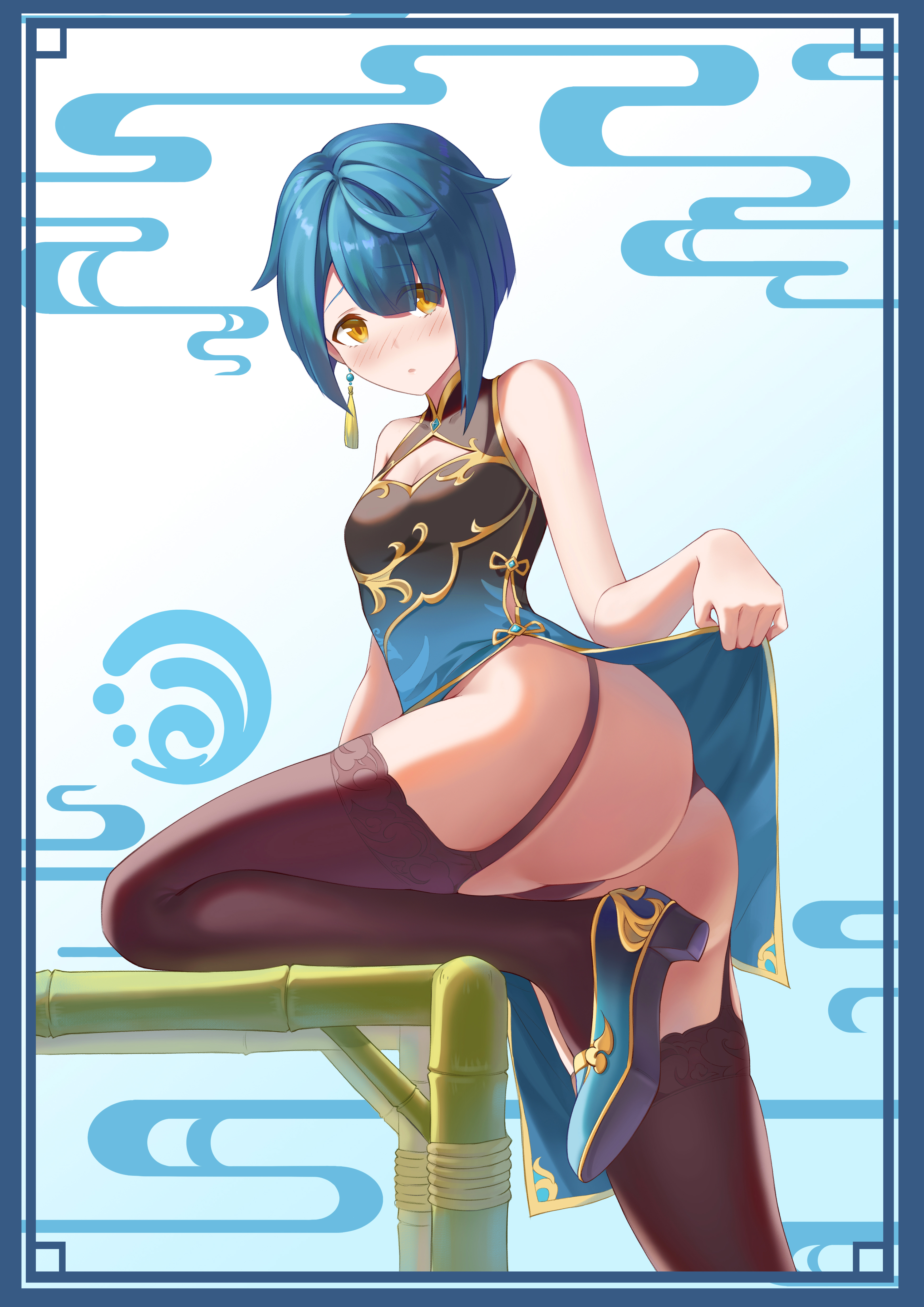 1boy, femboy, genshin impact, male only, solo male, thighs, xingqiu (genshin impact)