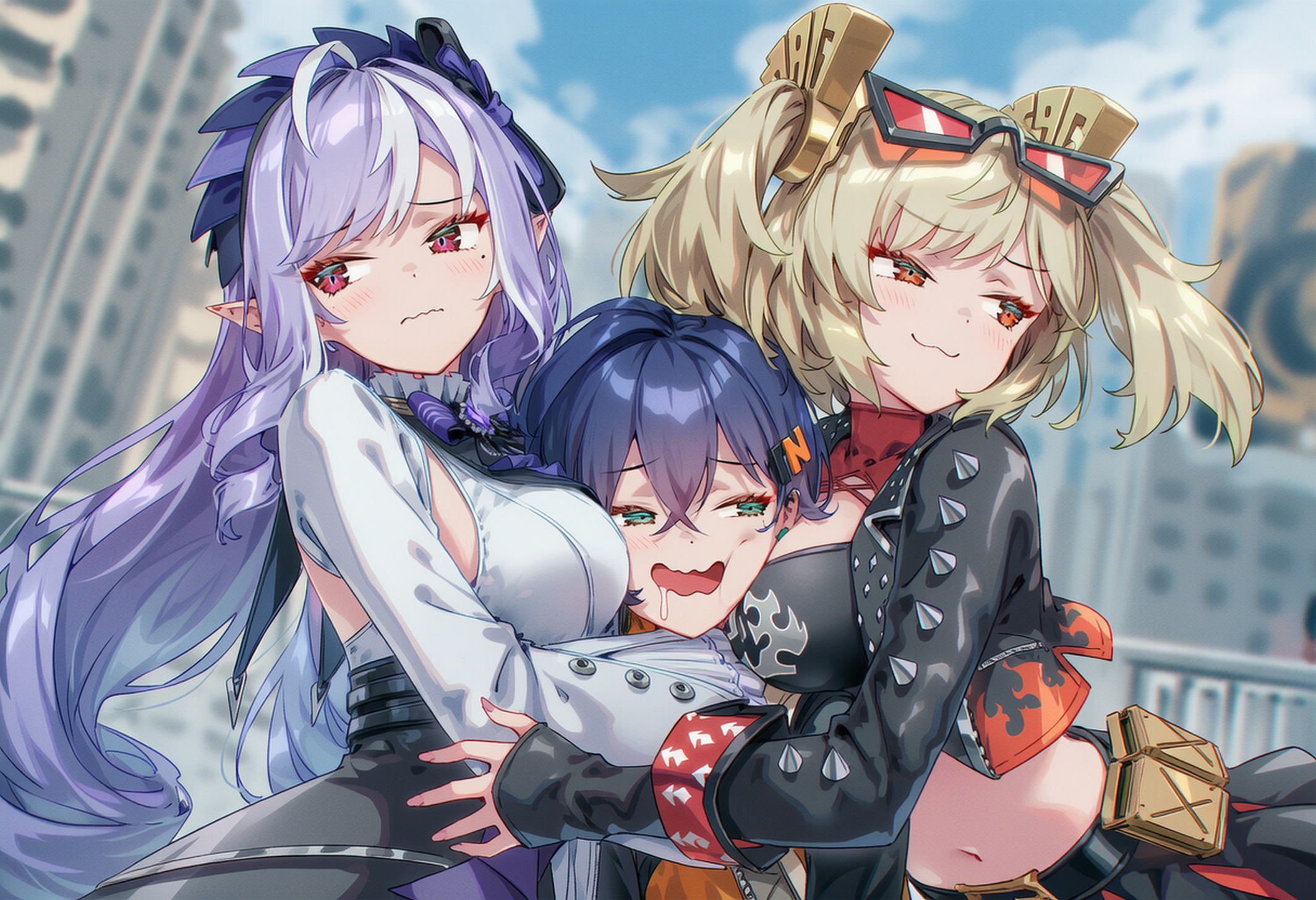 3girls, ai generated, belle (zenless zone zero), big breasts, blonde hair, blurry, blurry background, breast press, breasts, breasts on face, burnice white, day, depth of field, eyewear on head, green eyes, hug, large breasts, long hair, long sleeves, looking at viewer, midriff, multiple girls, navel, outdoors, pubic hair, purple hair, raaicave, red eyes, twintails, vivian (zenless zone zero), vivian banshee, wavy mouth, zenless zone zero