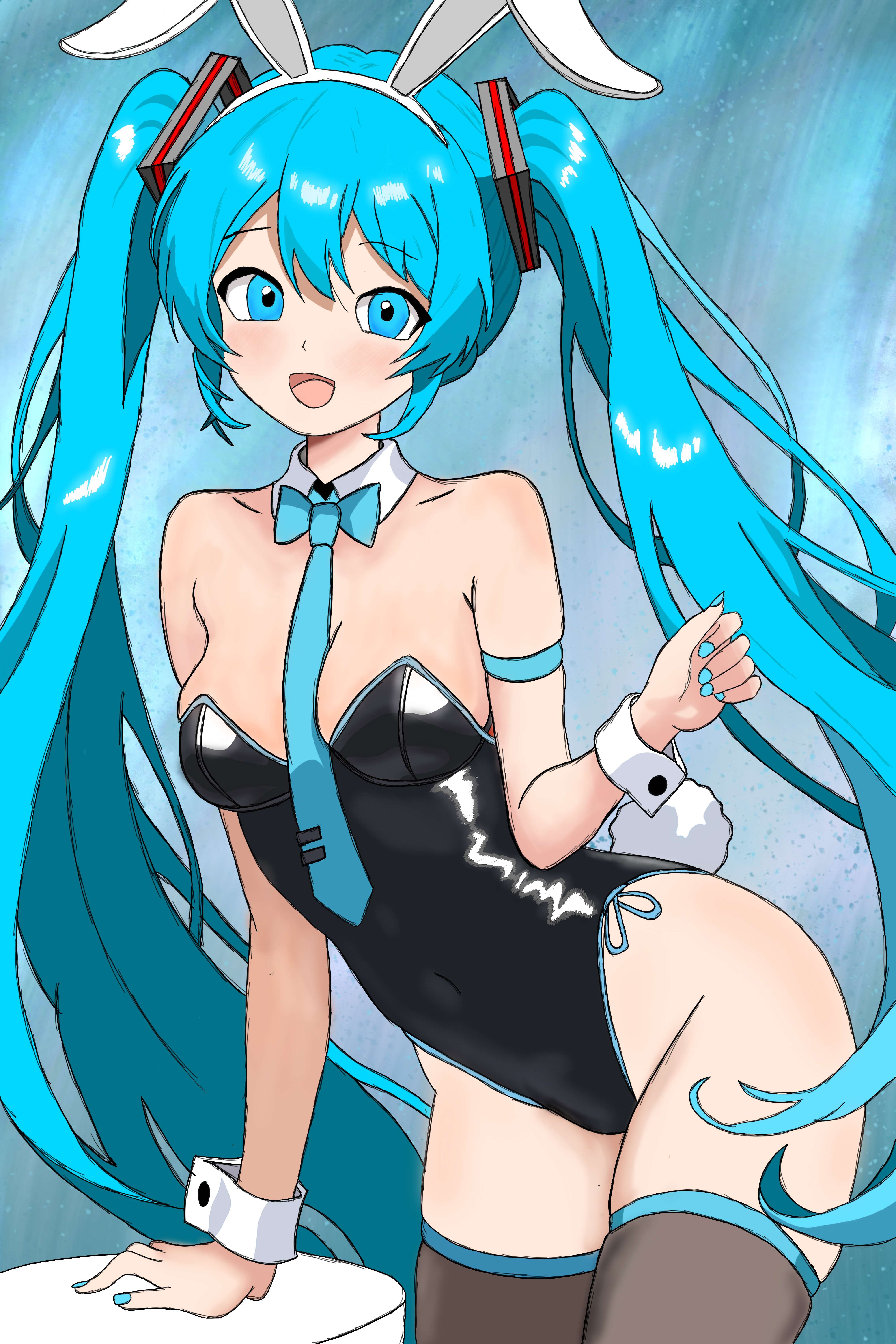 1girl, animal ears, aqua eyes, aqua hair, black leotard, black thighhighs, blue eyes, blue hair, bow, bowtie, breasts, bunny ears, bunny girl, bunnysuit, covered navel, cowboy shot, detached collar, fake animal ears, hatsune miku, highleg leotard, leotard, long hair, looking at viewer, low quality, medium breasts, miku hatsune, nail polish, necktie, open mouth, pigtails, playboy bunny, rabbit ears, rabbit tail, smile, solo, strapless, strapless leotard, tail, thighhighs, twintails, very long hair, vocaloid, wrist cuffs