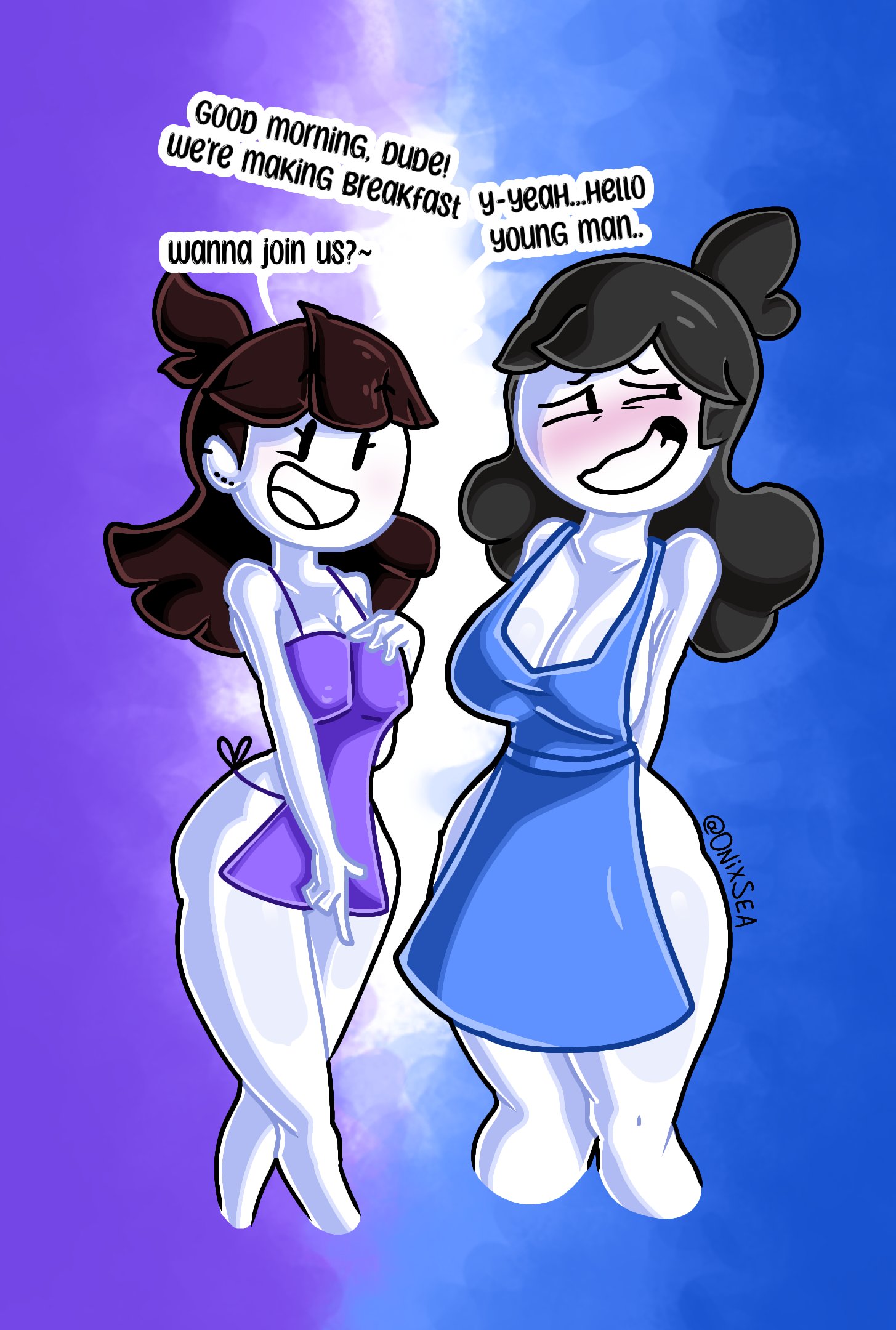 2girls, animator, apron, apron only, blue background, brown hair, dialogue, female, female only, gray hair, jaiden, jaiden animations, jaidens mom, milf, mommy, mother and daughter, multiple girls, naked apron, older female, onixsea, purple background, shy, white skin, younger female, youtuber