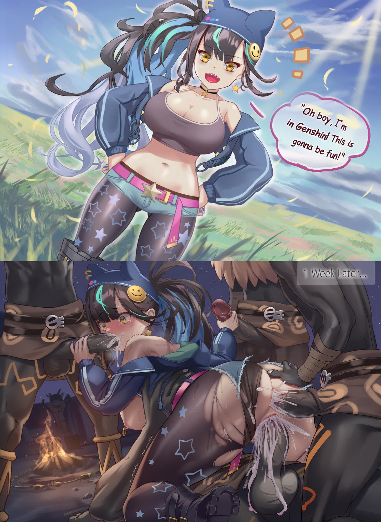 1girls, ai generated, anal, anal sex, artist self-insert, ass, ass grab, balls, big balls, big breasts, big butt, big penis, big testicles, blue nails, boots, breasts, caption, cat hat, confident, cowgirl position, crying, crying with eyes open, cum, cum in ass, cum in mouth, cum in pussy, cum inside, dialogue, dominant male, english, english text, excited, facing viewer, femsub, full-face blush, gangbang, genshin impact, grabbing another's ass, handjob, handjob while sucking, hands on hips, hilichurls (species), hoyoverse, huge ass, instant loss 2koma, interspecies, large breasts, large penis, large testicles, maledom, mihoyo, monster, multicolored hair, multiple boys, nipple piercing, nipple rings, noka (nokani), nonconsensual, oral, oral penetration, oral sex, original, pantyhose under shorts, penis, rape, raped by monster, scared, self insert, sharp teeth, shorts, shortstack, slave, speech bubble, standing, submissive female, talking, talking to self, tank top, testicles, text, thick thighs, torn clothes, triple penetration, vaginal penetration, vaginal sex, very sweaty, wide hips, wide-eyed, worried