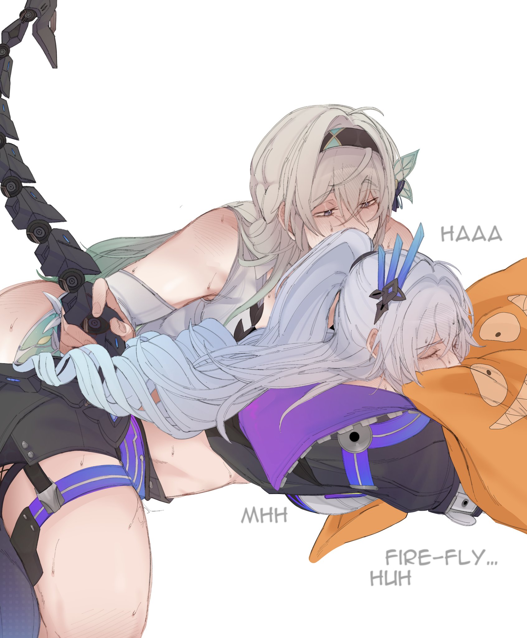 blackrunel, clothed, clothes, clothing, dominant female, female, female focus, female only, firefly (honkai: star rail), honkai (series), honkai: star rail, hoyoverse, hugging, hugging pillow, lesbian sex, long hair, silver wolf (honkai: star rail), silver wolf (lv.999) (honkai: star rail), stroking, stroking tail, submissive female, tail, tailjob, thick thighs, thighs, yuri