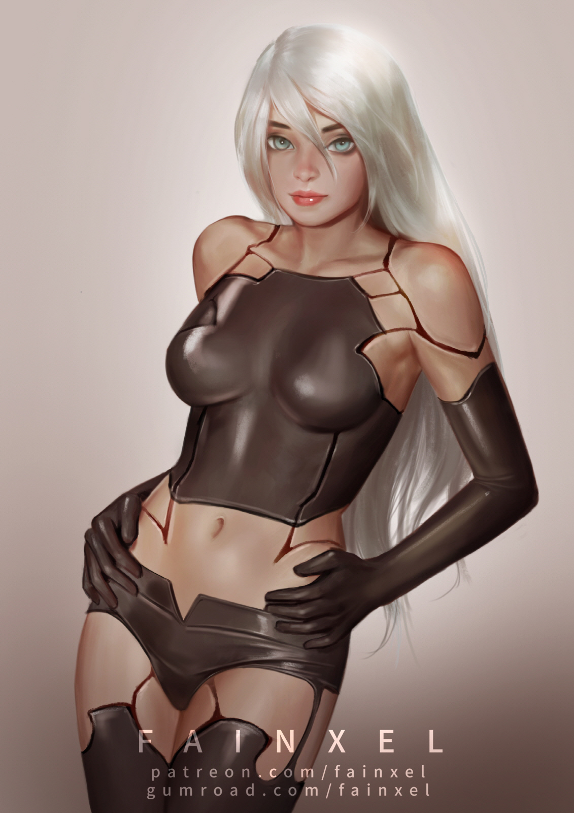 breasts, cleavage, fainxel, female, female only, long hair, nier, nier: automata, solo, white hair, yorha a2