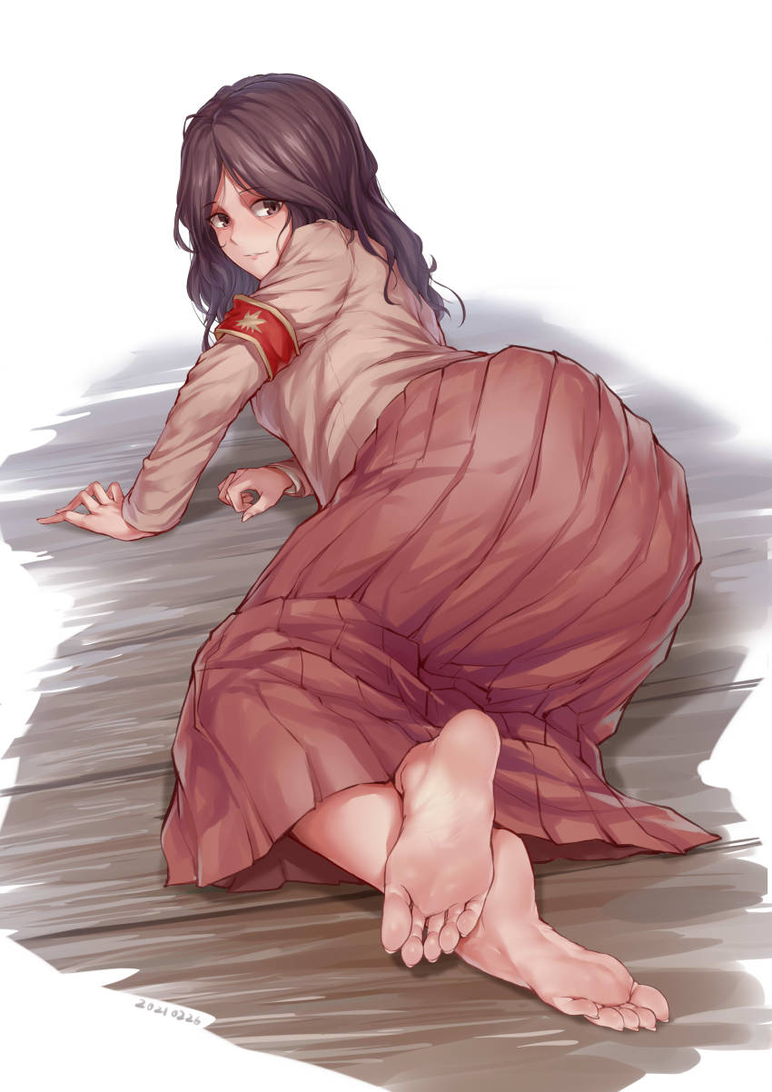 absurdres, aomoro, arm support, armband, ass, ass bigger than head, ass focus, attack on titan, bad id, bad pixiv id, bags under eyes, bare soles, barefoot, big feet, black hair, brown eyes, coat, crossed ankles, dated, feet, female, floor, foot focus, from behind, full body, greek toe, highres, long feet, long hair, long skirt, looking at viewer, looking back, lying, messy hair, no shoes, pieck finger, red armband, red skirt, shingeki no kyojin, simple background, skirt, smile, soles, soles fetish, solo, solo focus, toenails, toes, trench coat
