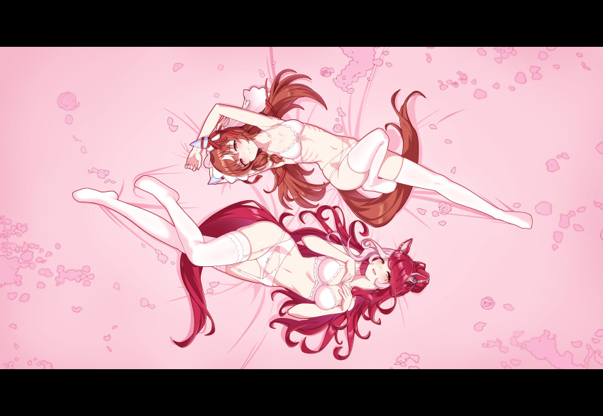 bails, garter belt, garter straps, loves only you (umamusume), simple background, still in love (umamusume), thighs, umamusume, umamusume pretty derby, underwear only, white bikini, white panties, white thighhighs