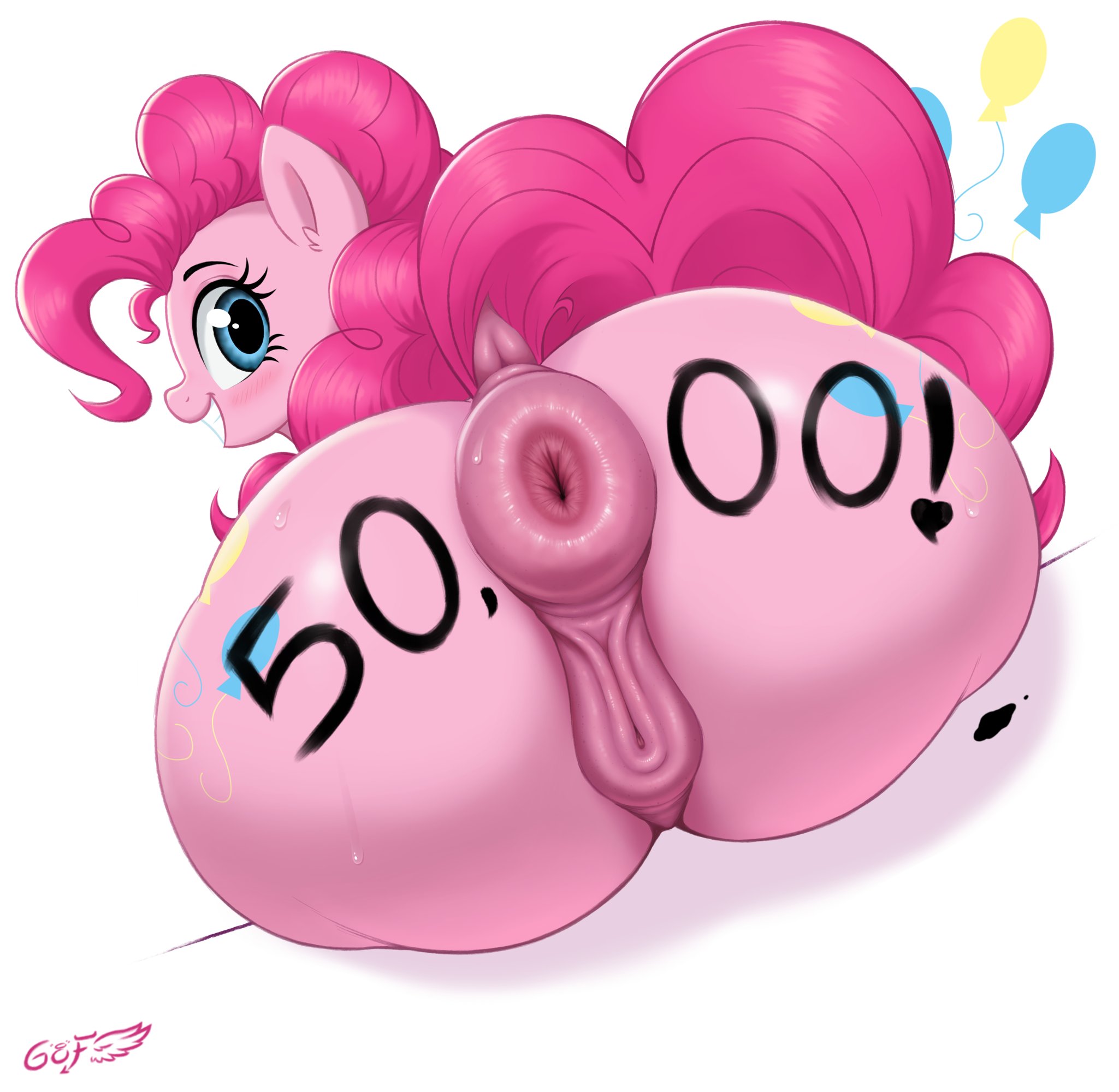 1girls, alternate version available, animal genitalia, anus, ass, behind view, big ass, big butt, blue eyes, body writing, bubble butt, curvaceous, curvy, curvy figure, donut anus, earth pony, equine, equine genitalia, equine pussy, female, female only, feral, friendship is magic, godoffury, hasbro, horse, huge ass, long hair, looking back, milestone celebration, my little pony, pink hair, pinkie pie (mlp), ponut, pony, puffy anus, pussy, smile, solo, solo female, sweat, sweaty, sweaty butt, voluptuous, voluptuous female, white background, wide hips