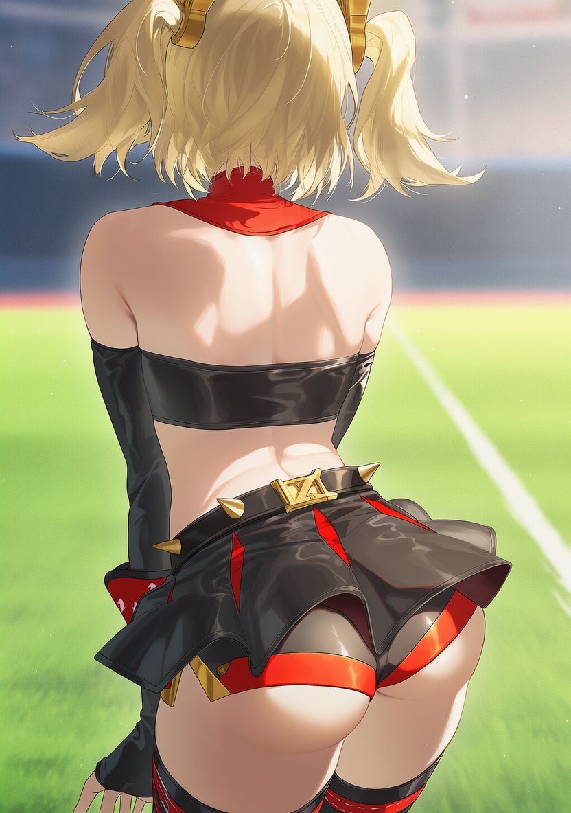 ai generated, ass, back, back view, big ass, black shorts, blonde female, blonde hair, burnice white, miniskirt, rear view, shorts, zenless zone zero