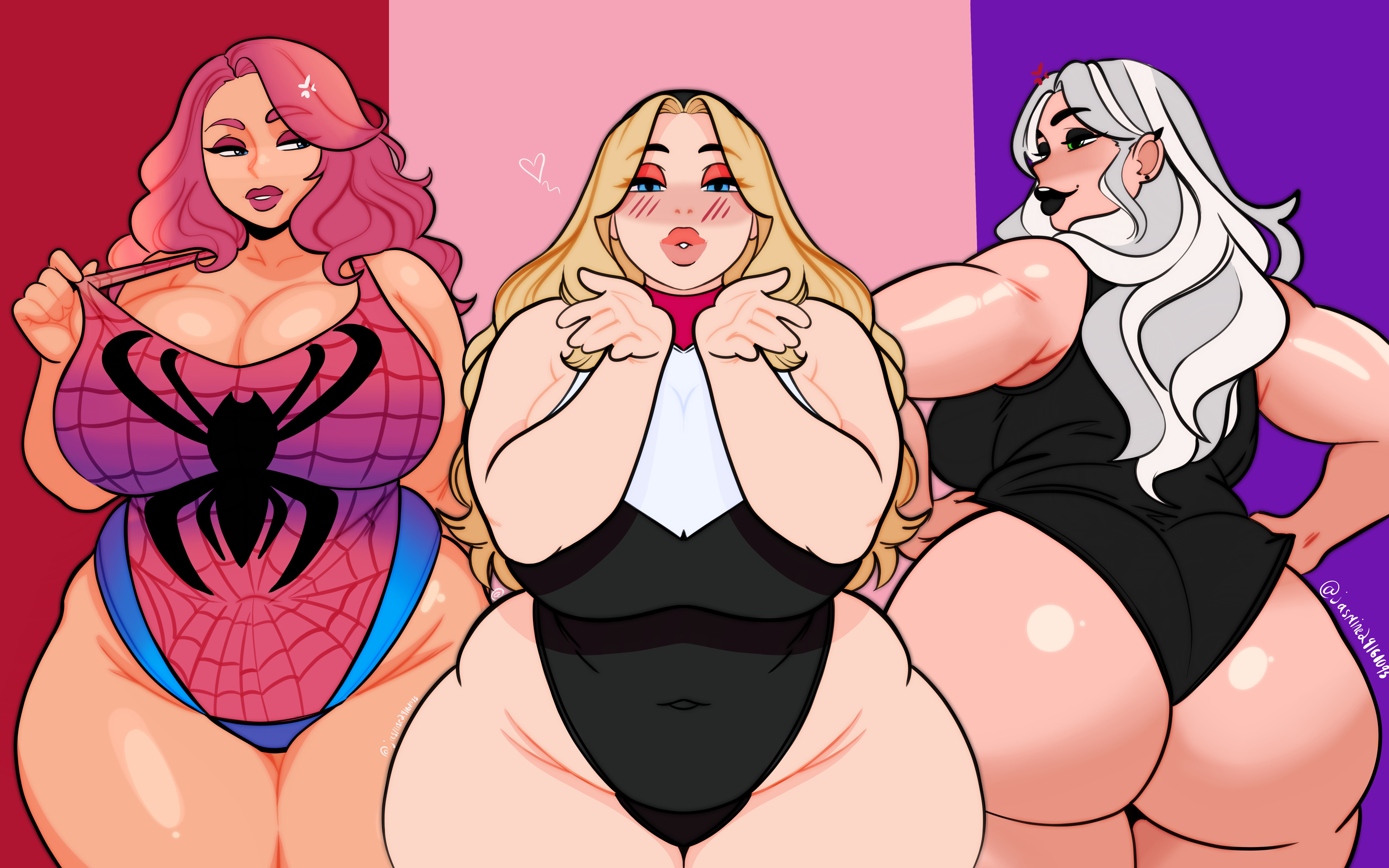 2025, 3girls, bbw, bbw mom, big breasts, big butt, black cat (marvel), blonde hair, chubby, chubby belly, chubby female, dumptruck ass, dumptruck booty, dumptruck butt, fat, fat ass, fat butt, fat female, felicia hardy, female, female only, gwen stacy, hairband, hips wider than shoulders, jasmine29161093, jazzanna, long hair, marvel, marvel comics, mary jane watson, massive breasts, milfification, mommy, mommy kink, multiple girls, red hair, spider-gwen, spider-man (series), thicc, thick thighs, white hair, wide hips