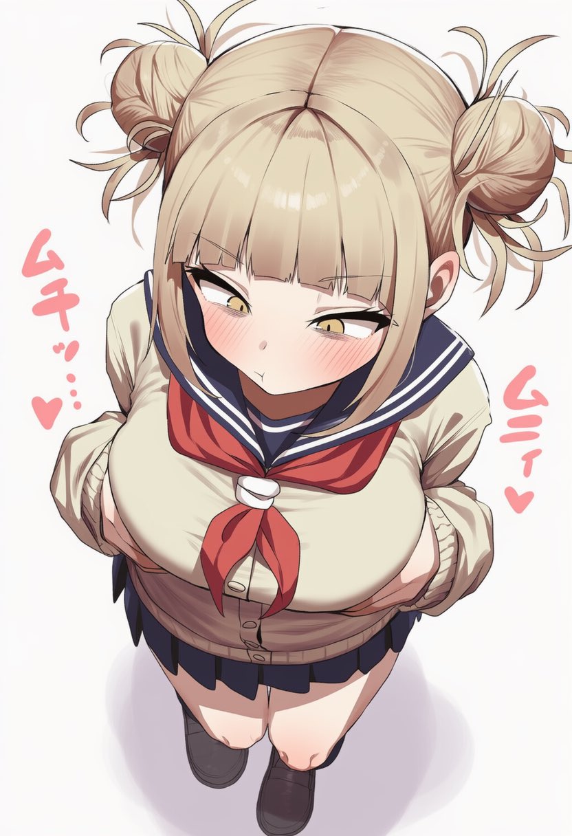 1girls, ai generated, bangs, big breasts, blonde hair, blonde-haired female, blunt bangs, blush, boku no hero academia, breasts, cardigan, closed mouth, double bun, eyebrows visible through hair, from above, heart, himiko toga, large breasts, looking at viewer, messy hair, my hero academia, pleated skirt, sakubanosub, school uniform, shadow, skirt, solo, standing, yellow eyes
