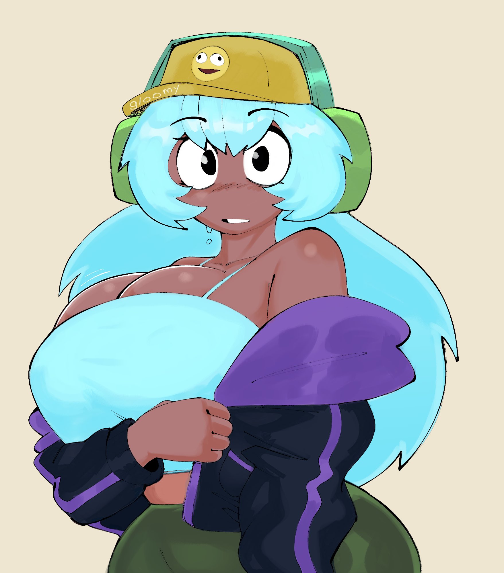 1girls, bare shoulders, big ass, big breasts, blue hair, breasts, breasts bigger than head, brown body, caught, caught changing, caught off guard, caught undressing, cleavage, crop top, curvy, cute, dark skin, dark-skinned female, dolly dimpley, female, giant breasts, gigantic breasts, gloomyacid, hat, headphones, huge breasts, jacket, large breasts, looking at viewer, removing clothing, removing jacket, shiny skin, shorts, shoulders, smiling friends, solo, solo female, spaghetti strap, staring, staring at viewer, sweat, sweatdrop, sweating, tagme, undressed, undressing, undressing self