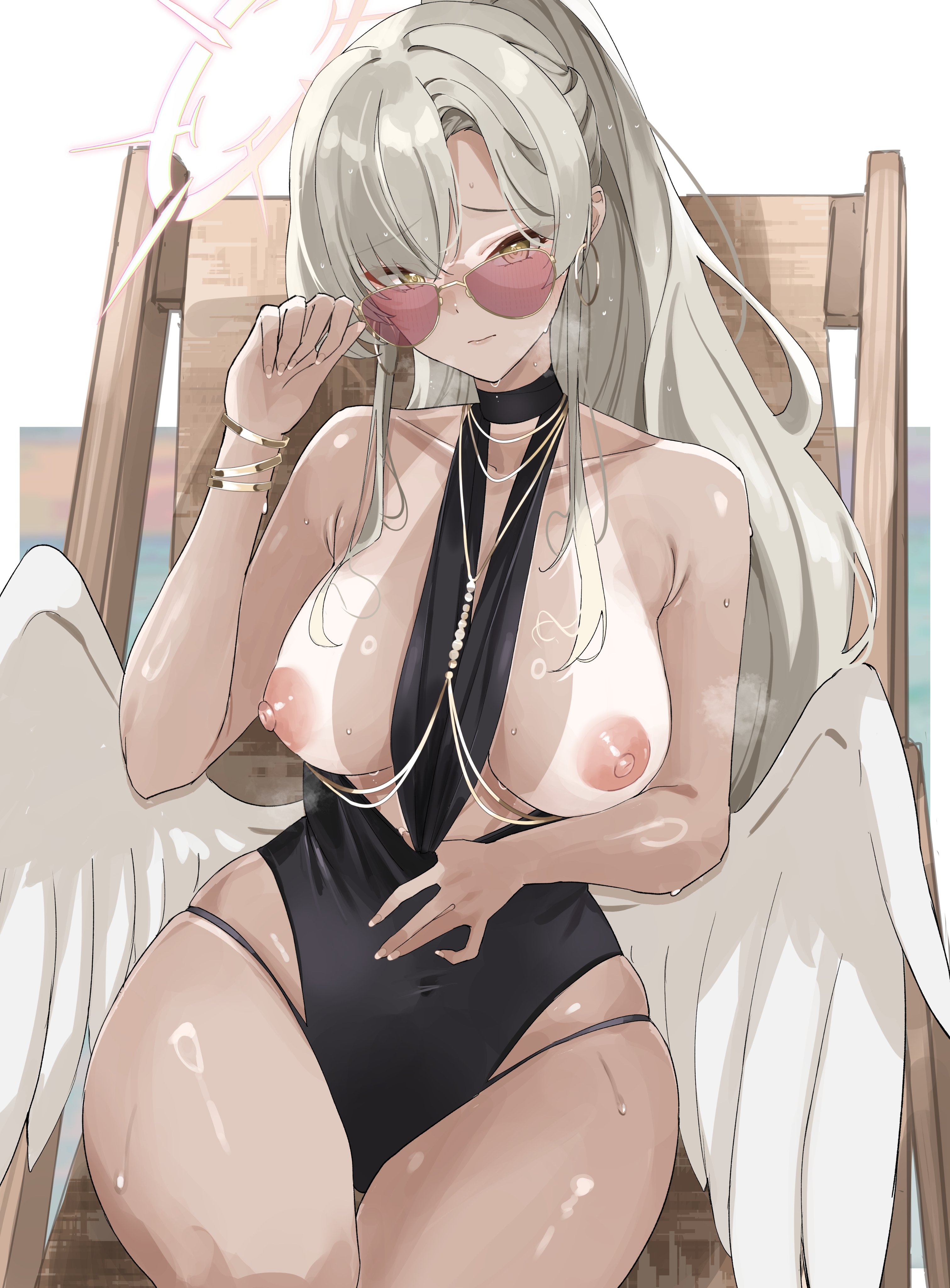 1girls, adjusting glasses, adjusting sunglasses, areolae, asymmetrical bangs, bare shoulders, big breasts, black one-piece swimsuit, black swimsuit, blue archive, bracelet, bracelets, breasts, breasts out, collarbone, cream hair, earrings, emotionless, exposed breasts, eyelashes, female, female only, grey hair, halo, heavy breathing, highres, hips, hoop earrings, lips, long hair, looking at viewer, lounge chair, manicure, miz blank, nagisa (blue archive), nagisa (swimsuit) (blue archive), nipples, one-piece swimsuit, pink sunglasses, ponytail, pulling clothing, pulling swimsuit, sitting, solo, steaming body, sunbathing, sunglasses, sweat, sweatdrop, sweating, swimsuit, tagme, tan body, tan skin, tan-skinned female, tanlines, thighs, very long hair, white hair, wide hips, wings, yellow eyes