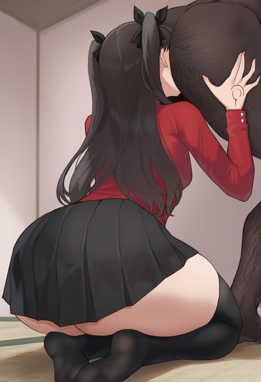 1boy, 1boy1girl, 1girls, ai generated, anilingus, anilingus from female, ass, cheating, cheating girlfriend, dark-skinned male, eating ass, face in ass, facing another, fate (series), fate/stay night, from behind, from side, grabbing ass, hairy male, indoors, interracial, male/female, medium breasts, netorare, ntr, on floor, on knees, rimjob, rimming, rimming male, room, seiza, skirt, smothering ass, solo focus, straight, thick thighs, thighhighs, tohsaka rin, turtleneck, twintails, ugly bastard, waroffree