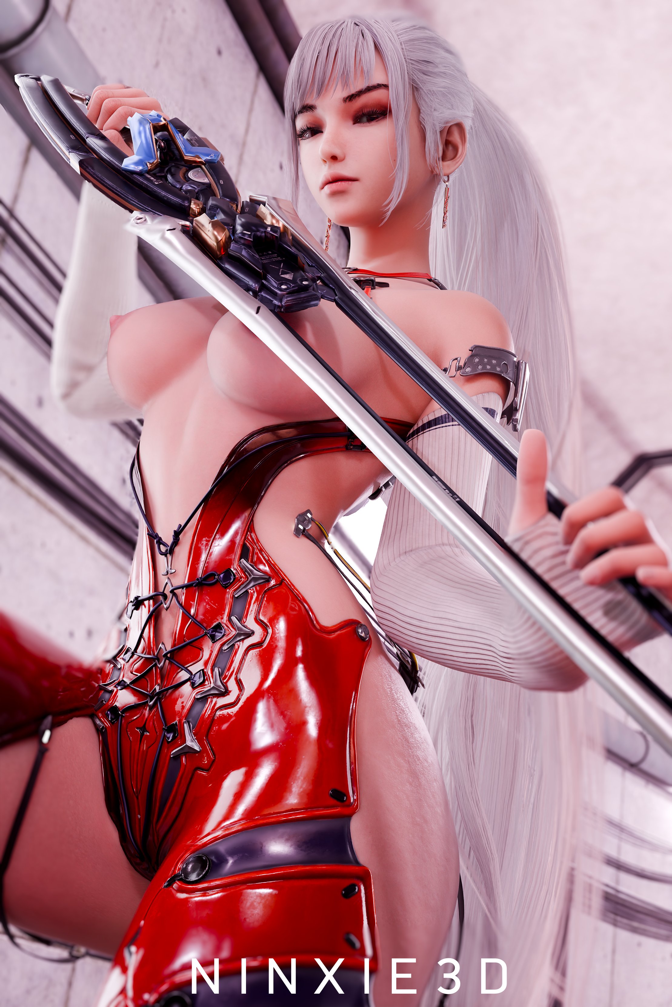 1girls, 3d, android, armwear, asian, asian female, bangs, bodysuit, breasts, breasts out, eve (stellar blade), female, female only, latex, long hair, looking at viewer, mustard sfm, ninxie3d, ponytail, revealing clothes, shiny clothes, skin tight, stellar blade, sword, thick eyebrows, viewed from below, weapon, white hair
