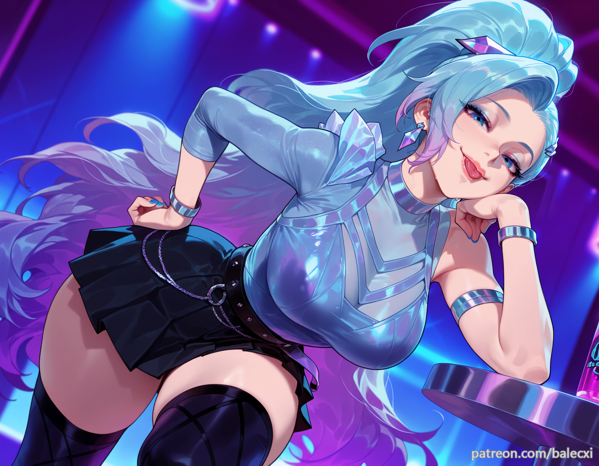 1girl, ai generated, armlet, balecxi, black thighhighs, blue eyes, blue hair, bracelet, earrings, female, female only, hand on own hip, jewelry, k/da series, large breasts, league of legends, long hair, looking at viewer, multicolored hair, pleated skirt, ponytail, seraphine (league of legends), solo, thighs, tongue, tongue out