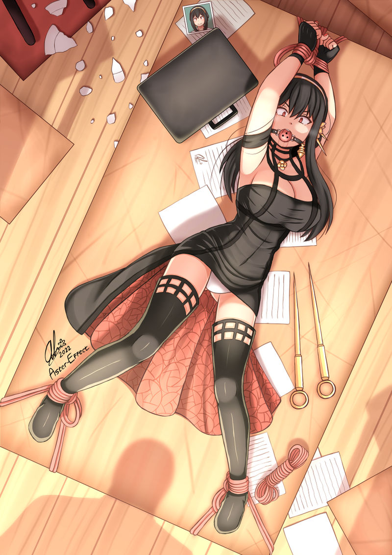 assassin, aster-effect, axfa, ball gag, big breasts, black hair, bondage, bound, bound to table, breasts, dress, female, gag, large breasts, light skin, light-skinned female, looking at viewer, medium hair, on back, on desk, on table, panties, red eyes, restrained, rope, rope bondage, solo, spread legs, spy x family, stiletto (weapon), table, table bondage, thigh boots, thorn princess, tied to table, white panties, yor briar, yor forger