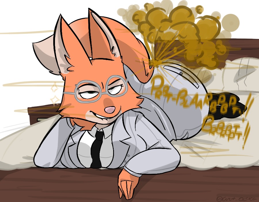 ass, bed, big ass, brown fart, business suit, business woman, clothed, clothing, diane foxington, dreamworks, fart, fart cloud, farting, female, female only, fox, fox girl, jeans, long ears, odka, orange fur, straining, suit, suit and tie, tail, the bad guys
