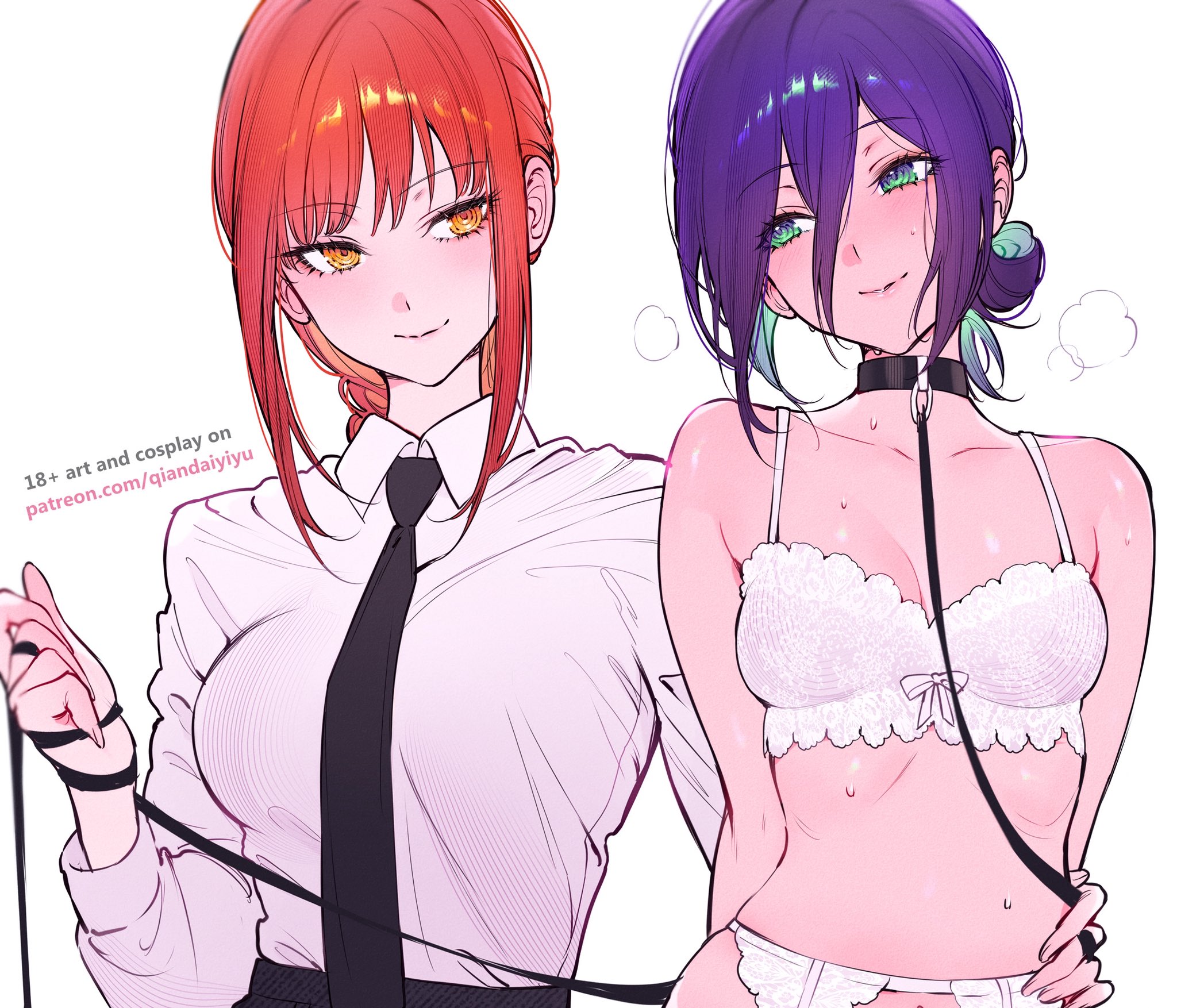 2025, 2d, 2d (artwork), 2girls, bondage, bound, chainsaw man, collar, female, female focus, female only, femdom, femsub, head tilt, leash, leash pull, lingerie, makima (chainsaw man), petplay, qiandaiyiyu, reze (chainsaw man)