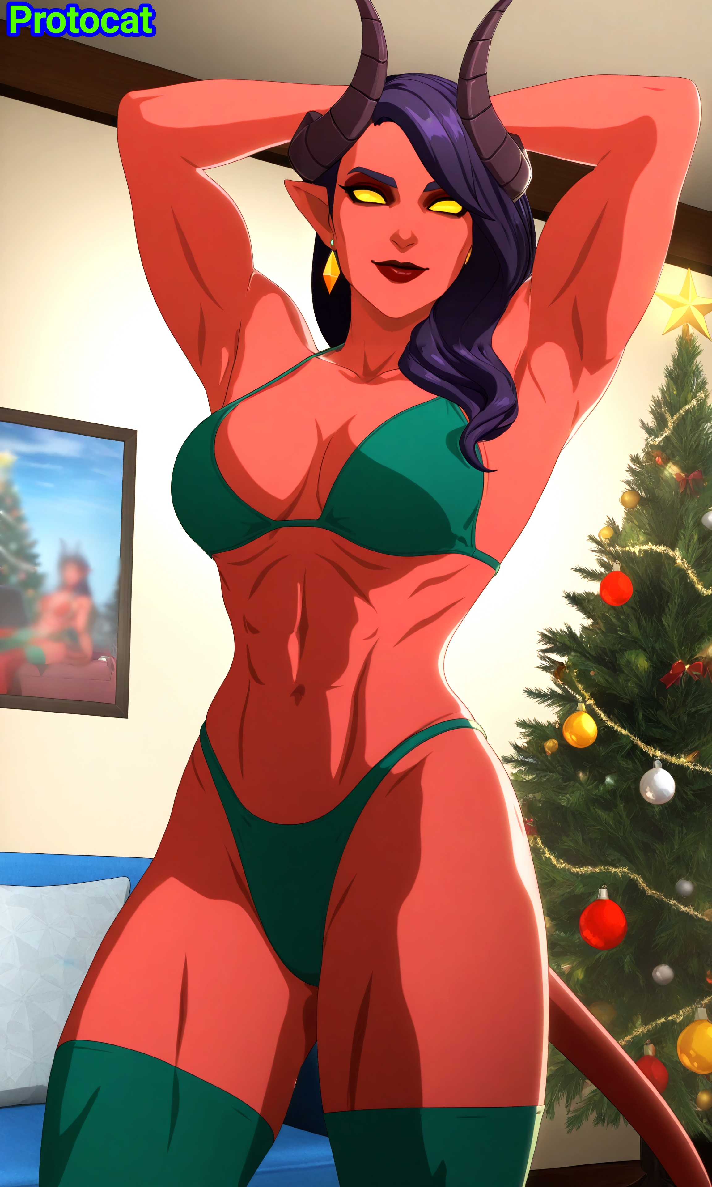 1girls, abs, ai generated, bikini, bikini bottom, bikini top, breasts, cel shading, cg, christmas, christmas tree, demon, demon girl, demon horns, demon tail, dispatch (game), earrings, female, green clothing, green legwear, horns, legs, legwear, looking at viewer, malevola gibb, medium breasts, muscle tone, muscles, muscular, muscular arms, muscular female, muscular thighs, no irises, pointy ears, protocat, red body, red lips, red skin, red-skinned female, slim waist, smile, tail, thick thighs, thighhighs, thighs, toned, toned female, yellow eyes