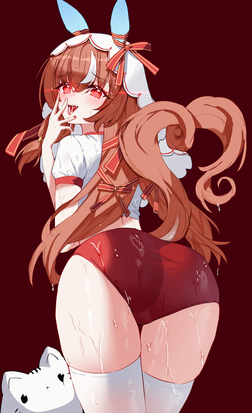 1girls, animal ears, ass, heart-shaped pupils, horse girl, red background, still in love (umamusume), tandohark, umamusume, umamusume pretty derby