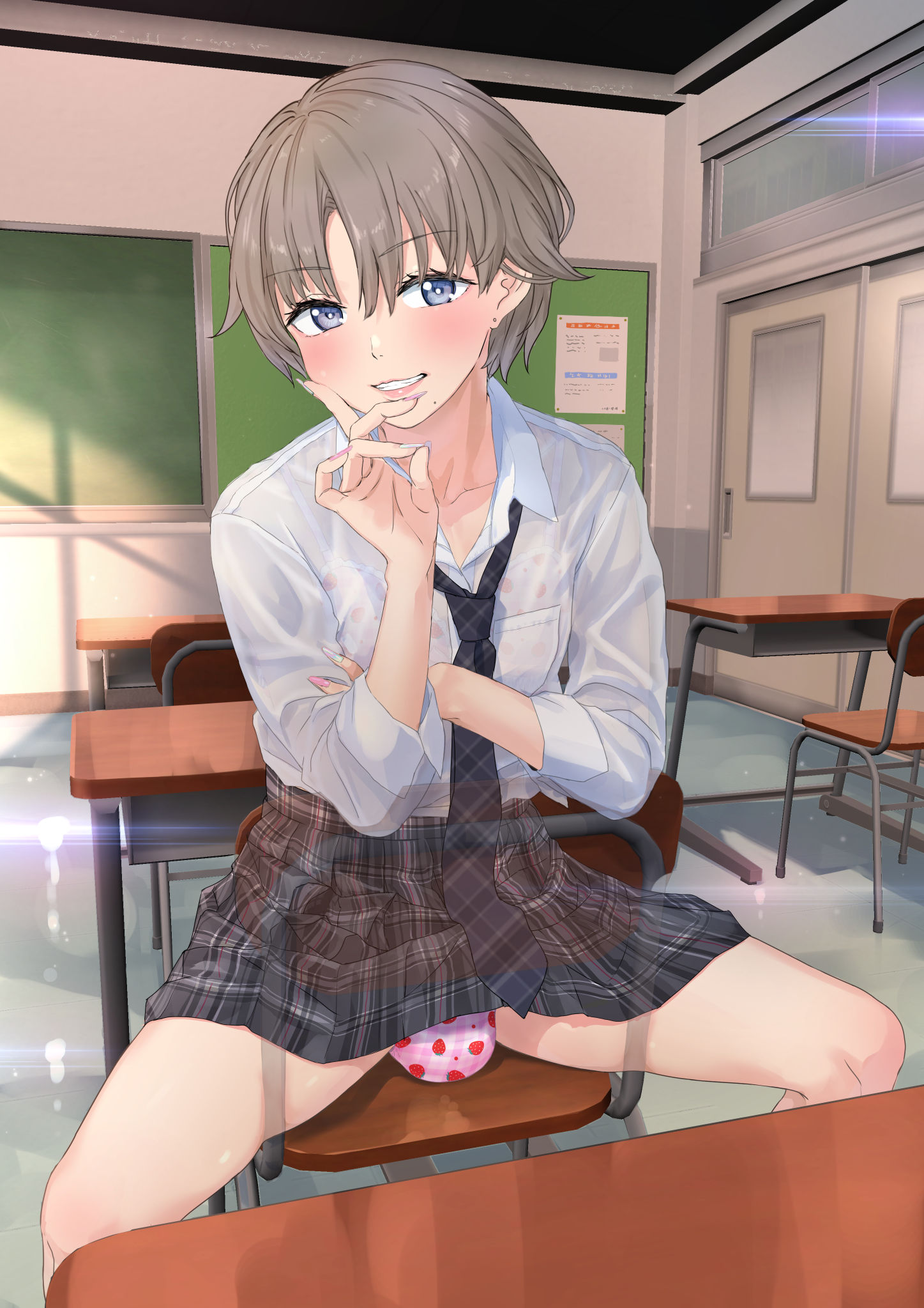 1boy, classroom, crossdressing, femboy, feminine male, male, male only, onomi9ta, otoko no ko, panties, penis under skirt, school, school uniform, skirt, trap