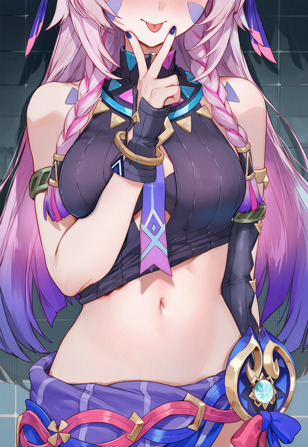 1girls, ai generated, bare midriff, belly, belly button, citlali (genshin impact), genshin impact, midriff, navel, skirt, smile, solo female, tongue out, tummy.