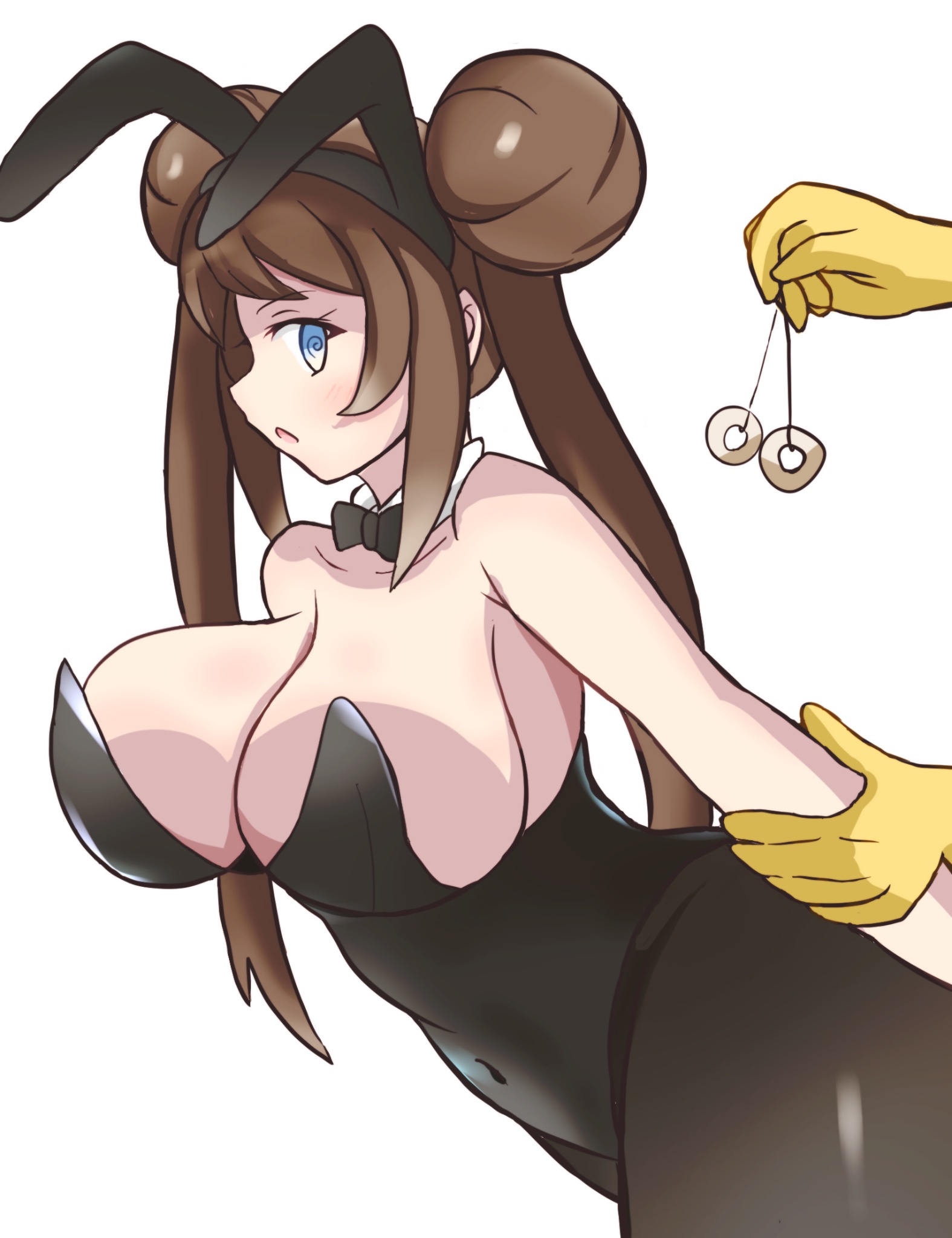 @ @, 1girls, 1other, arm grab, black bow, black bowtie, black bunnysuit, blue eyes, blush, bow, bowtie, breasts, brown eyes, bunnysuit, cleavage, clothing, coin, coin on string, covered navel, detached collar, female, from behind, game freak, hypno, hypnosis, implied sex, interspecies, large breasts, long hair, male pokemon/female human, mind control, nintendo, open mouth, playboy bunny, pokemon, pokemon bw2, retori tori, rosa (pokemon), simple background, thick thighs, thighs, white background